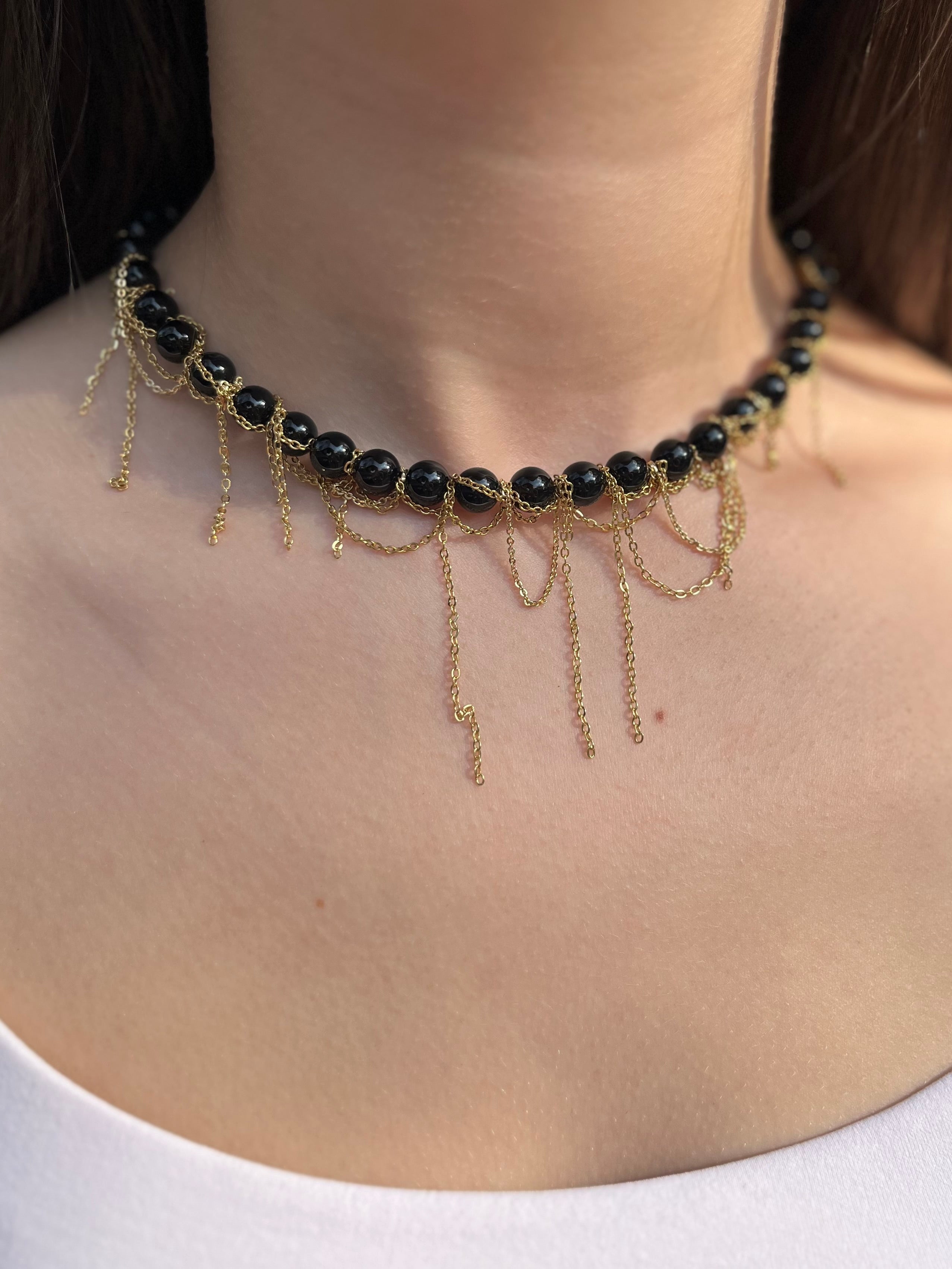 Black Onyx Layered necklace– 18K Gold Plated Chain