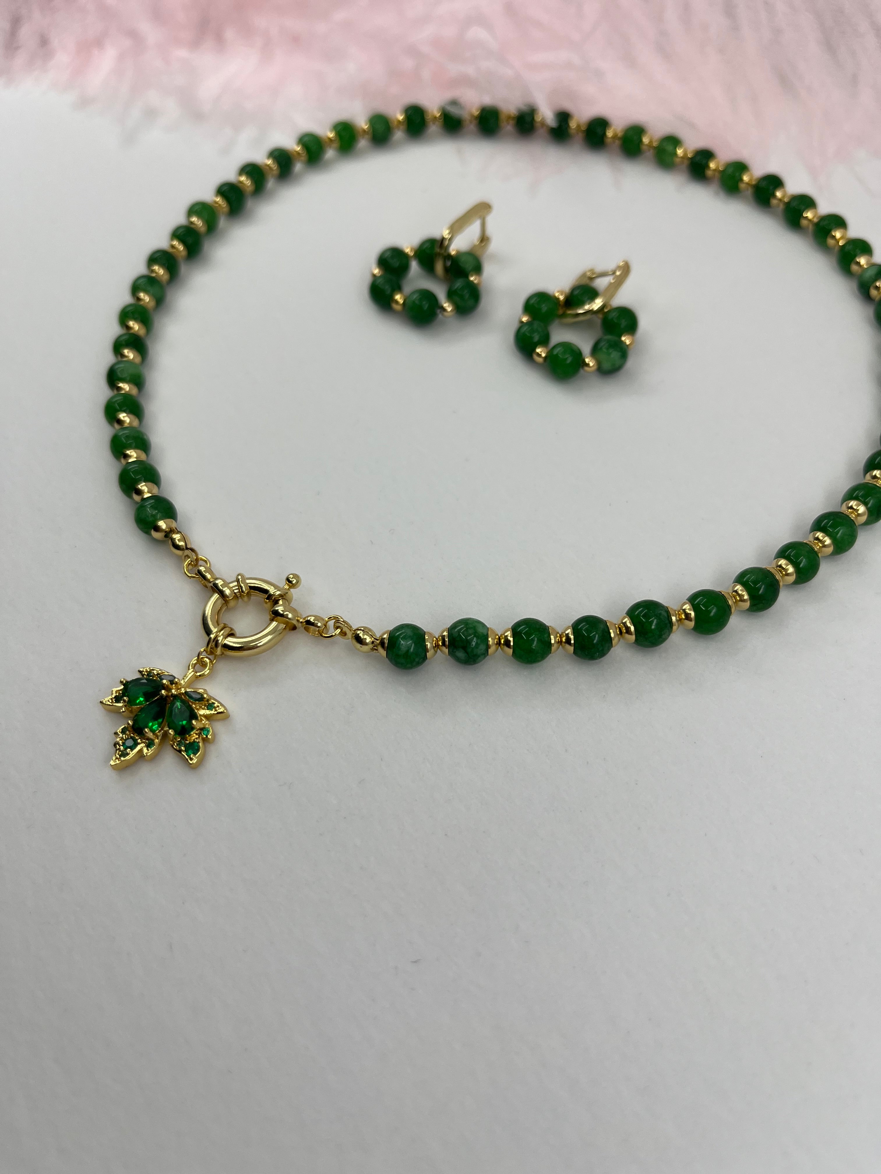 Natural Malaysia Jade Necklace with 18K Gold maple leaf pendant