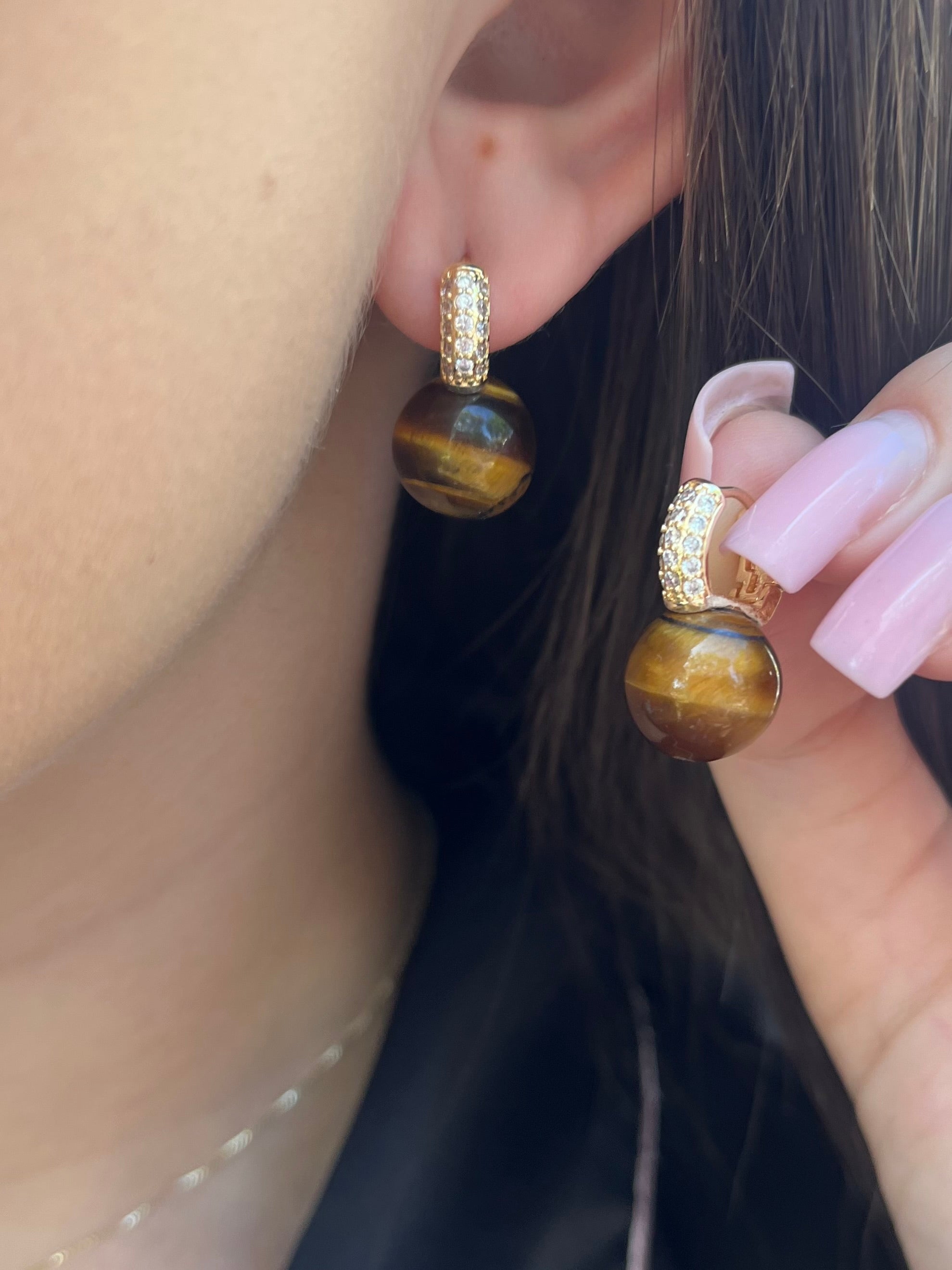 Natural Tiger eye Gold Zirconia Earrings