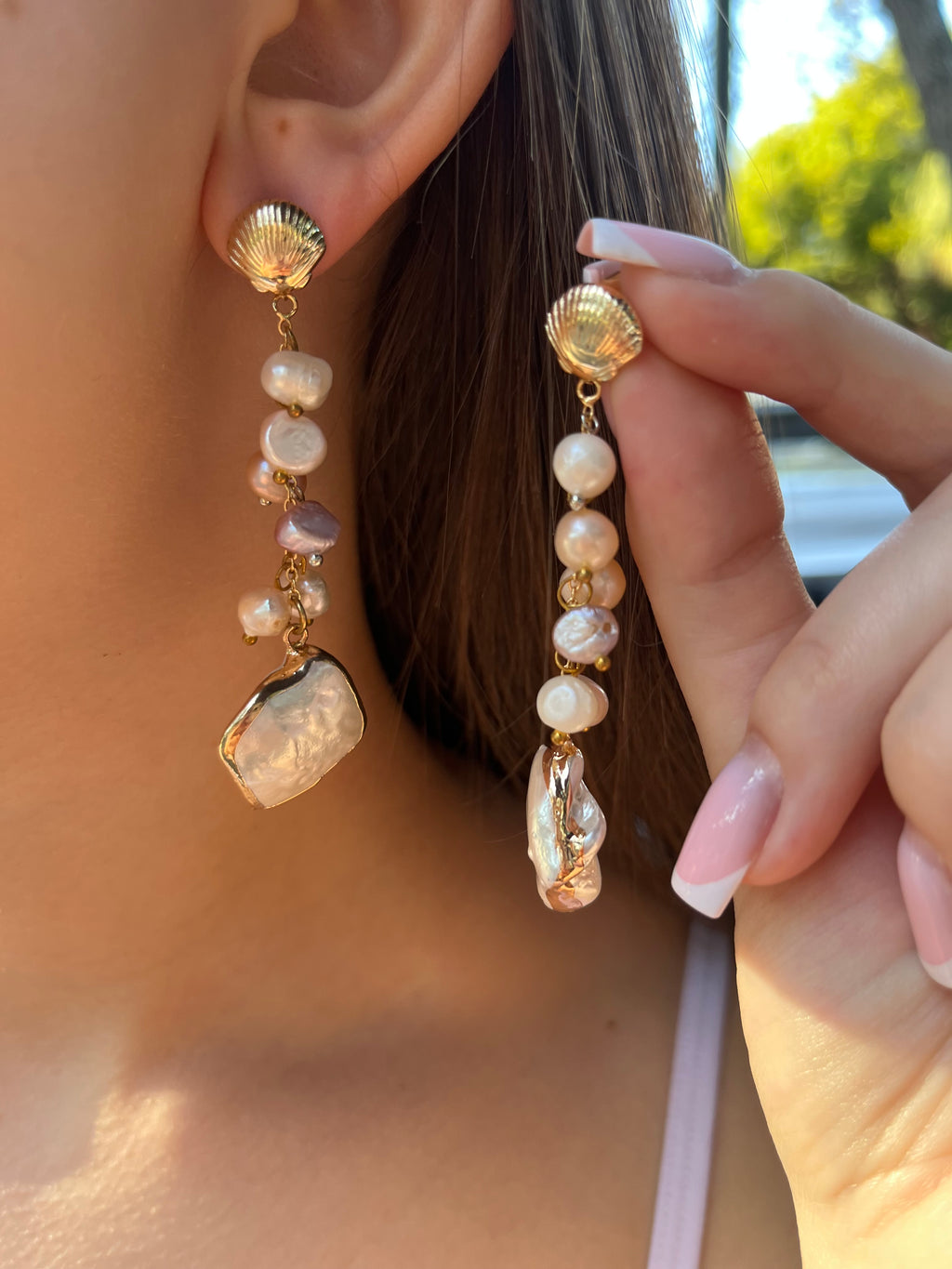 Long Natural Pearl Drop Earrings with baroque shell pendant