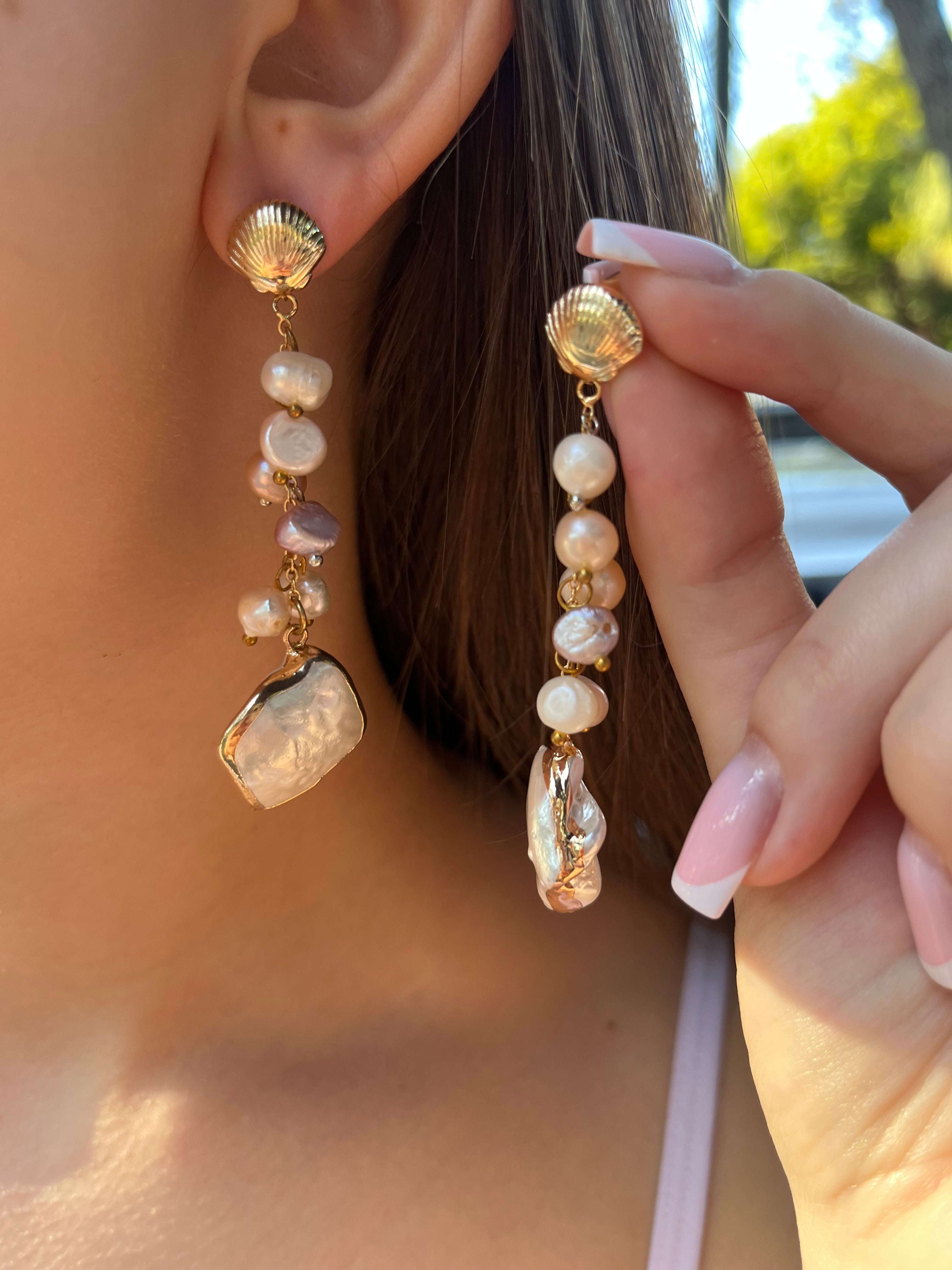 Long Natural Pearl Drop Earrings with baroque shell pendant
