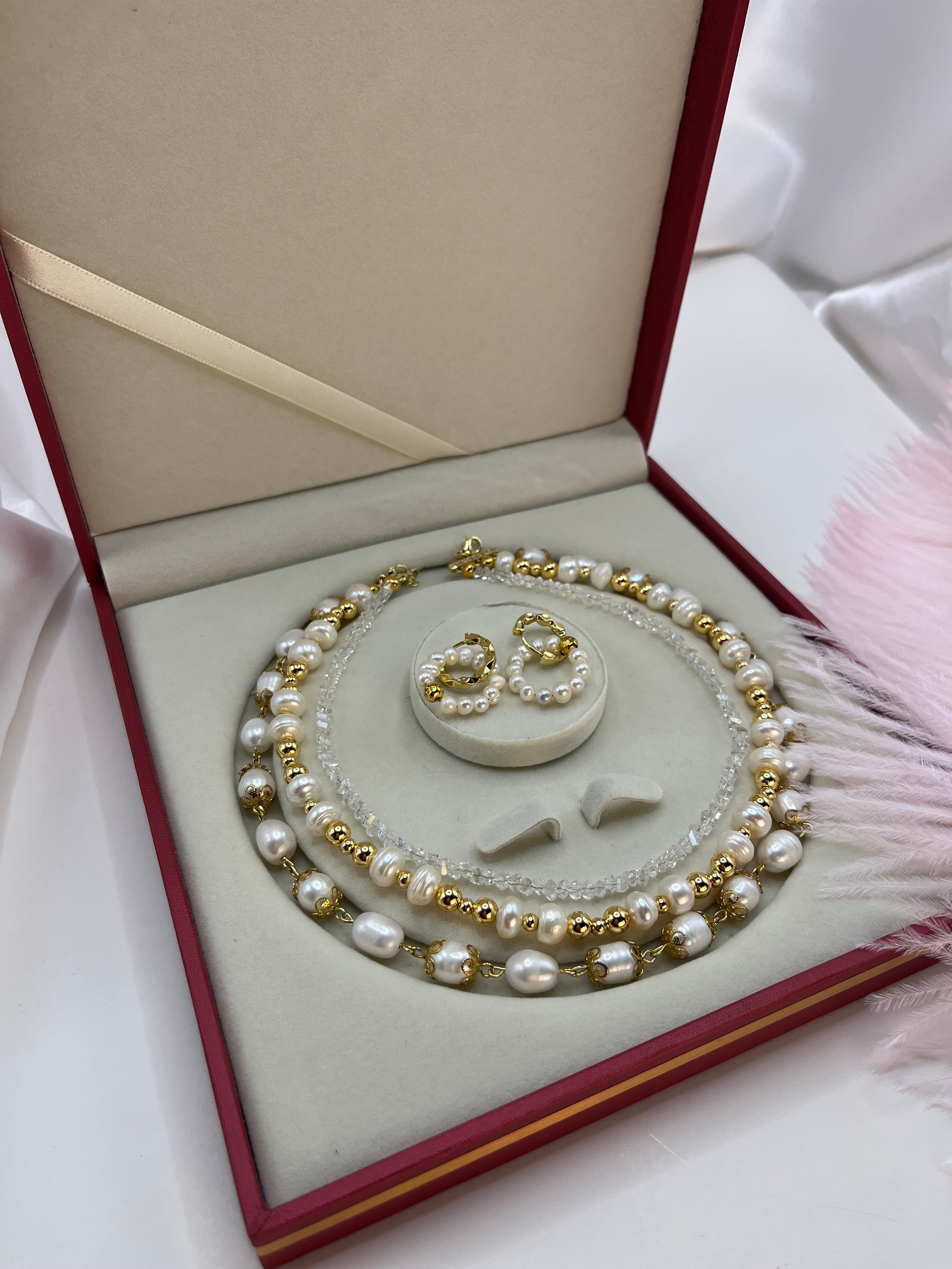 Three-Strand Natural Pearl & Crystal Necklace with Hoop Earrings Set – 18K Gold Plated, Gift Box
