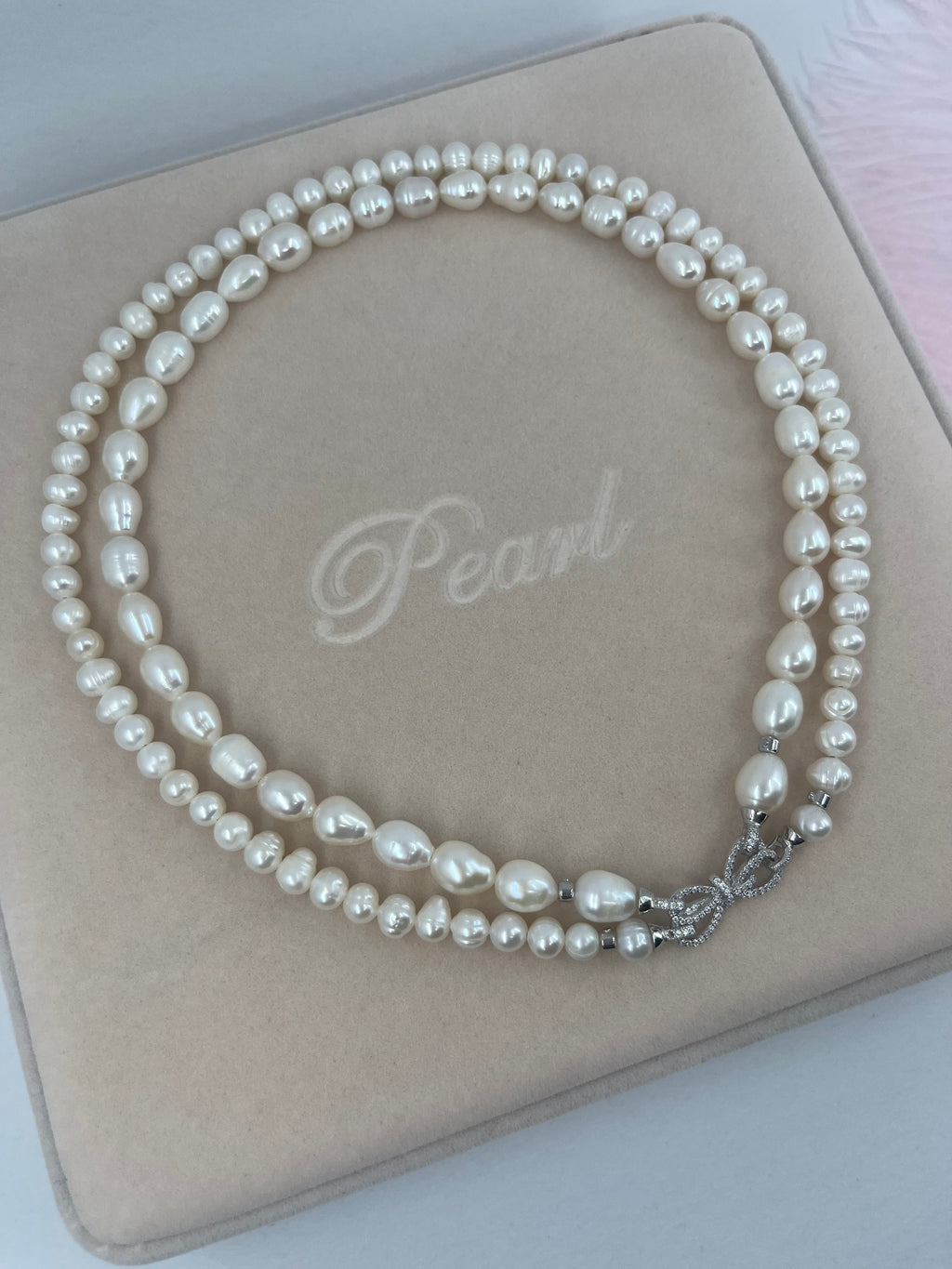Layered Natural Pearl Necklace with 925 Sterling Silver Bowknot Clasp, Gift Box