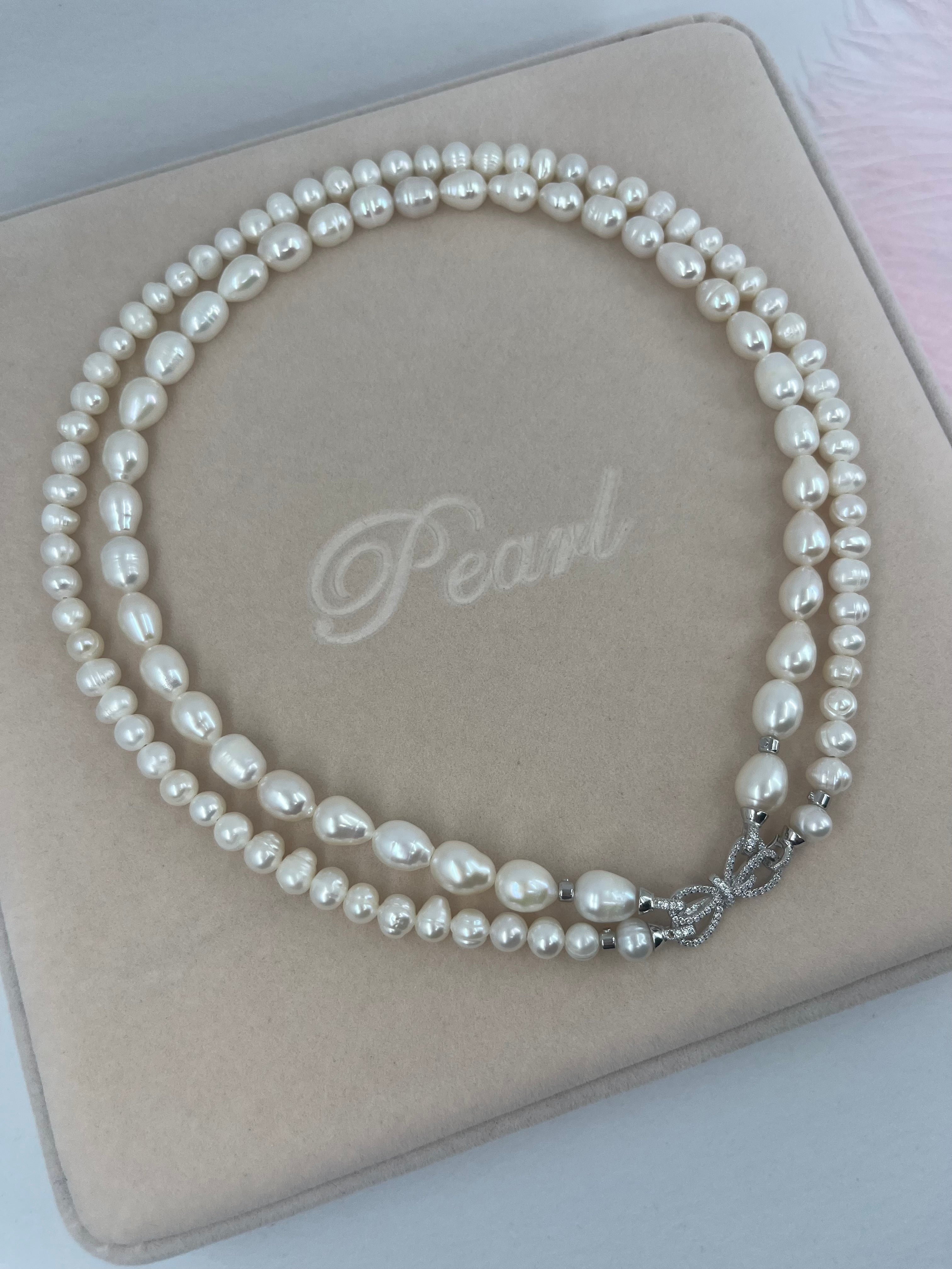 Layered Natural Pearl Necklace with 925 Sterling Silver Bowknot Clasp, Gift Box