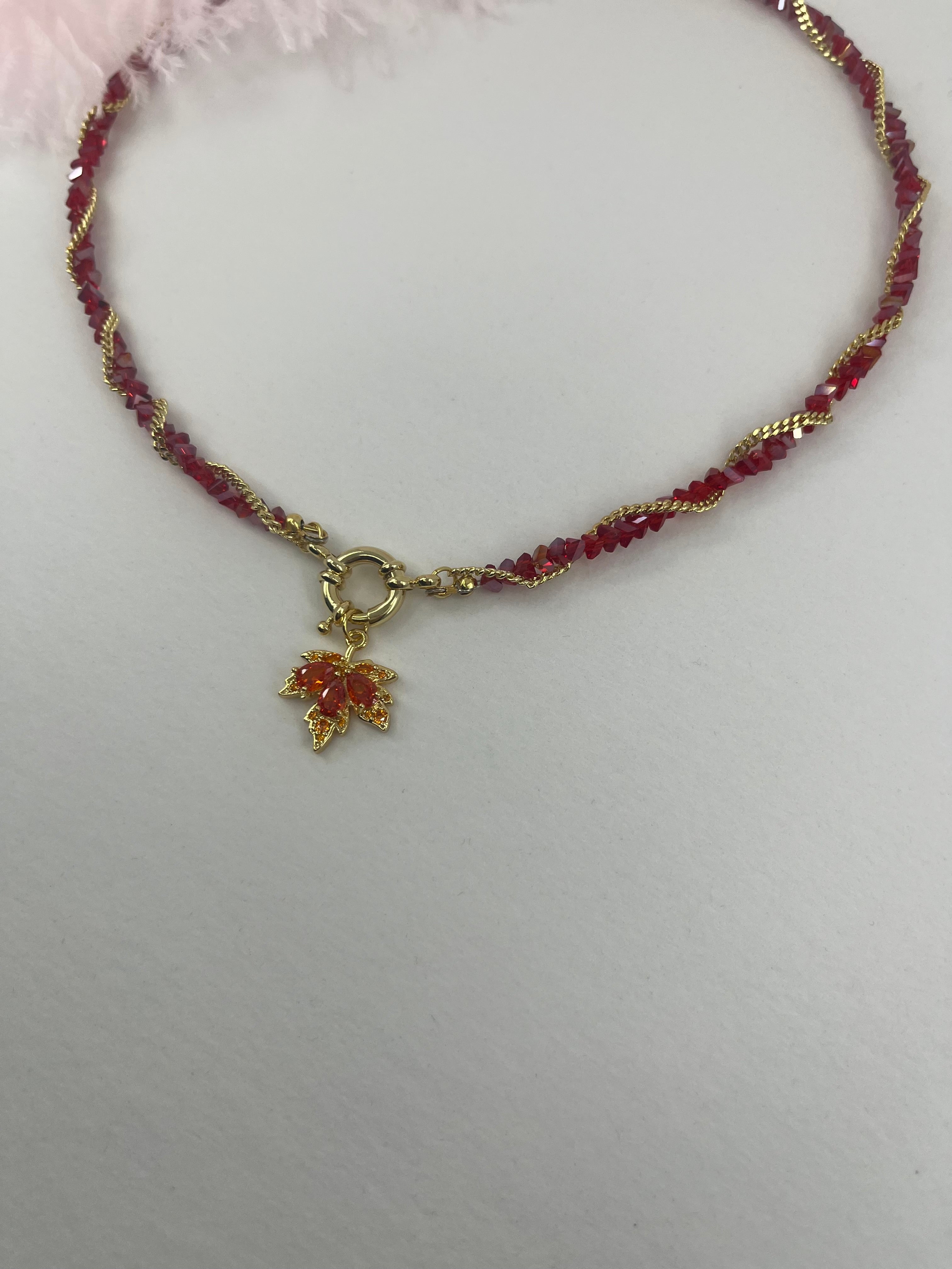 Crystal Red Necklace: 18K Gold Pendant Maple Leaf