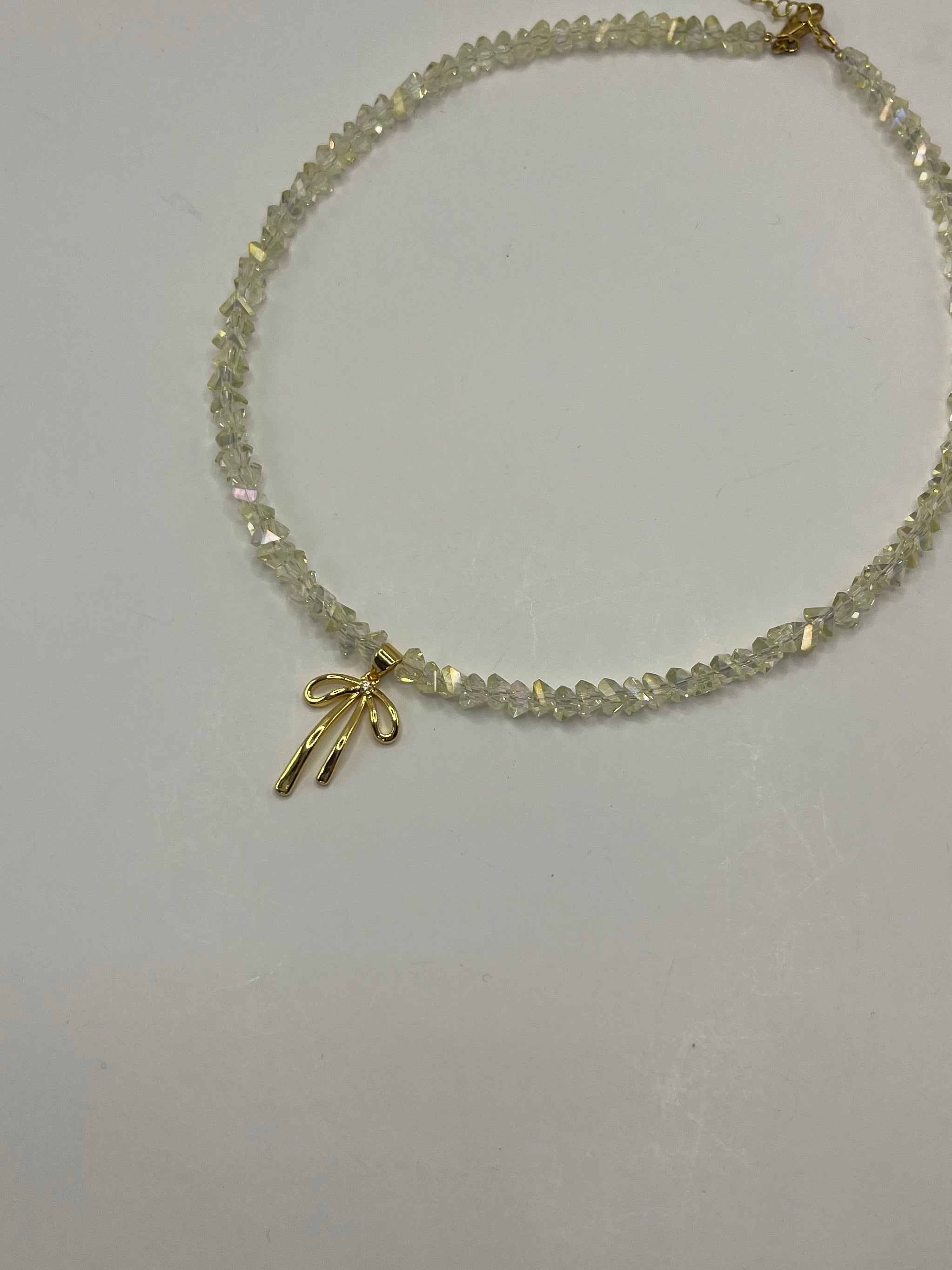 Crystal Glass Bead Choker: 18K Gold Bowknot Pendant