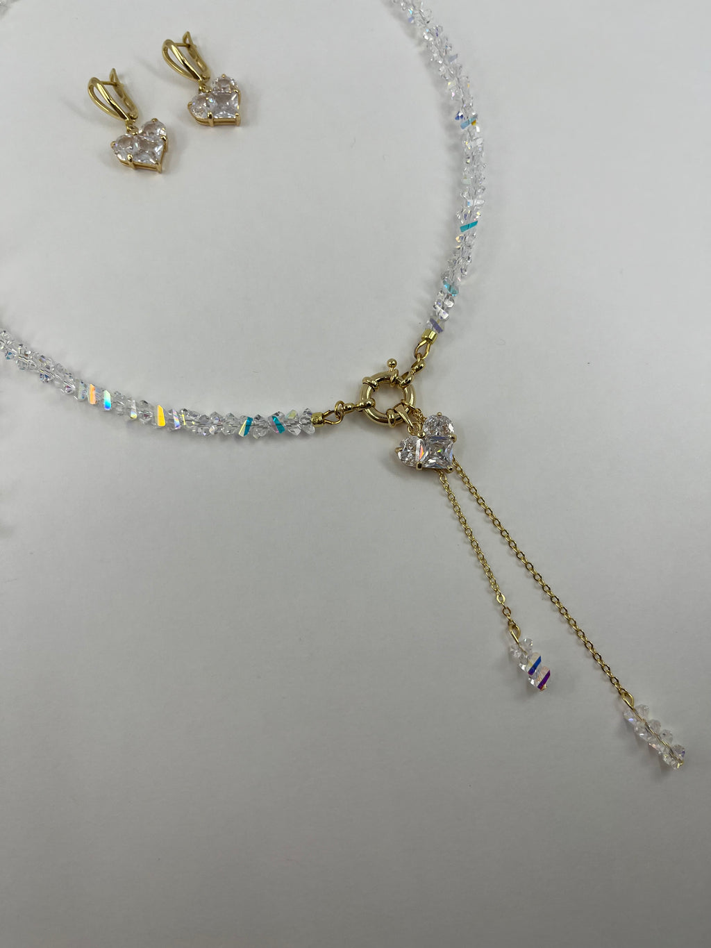 Set: Heart Crystal Y-Necklace and Earrings – 18K Gold Plated, Cubic Zirconia