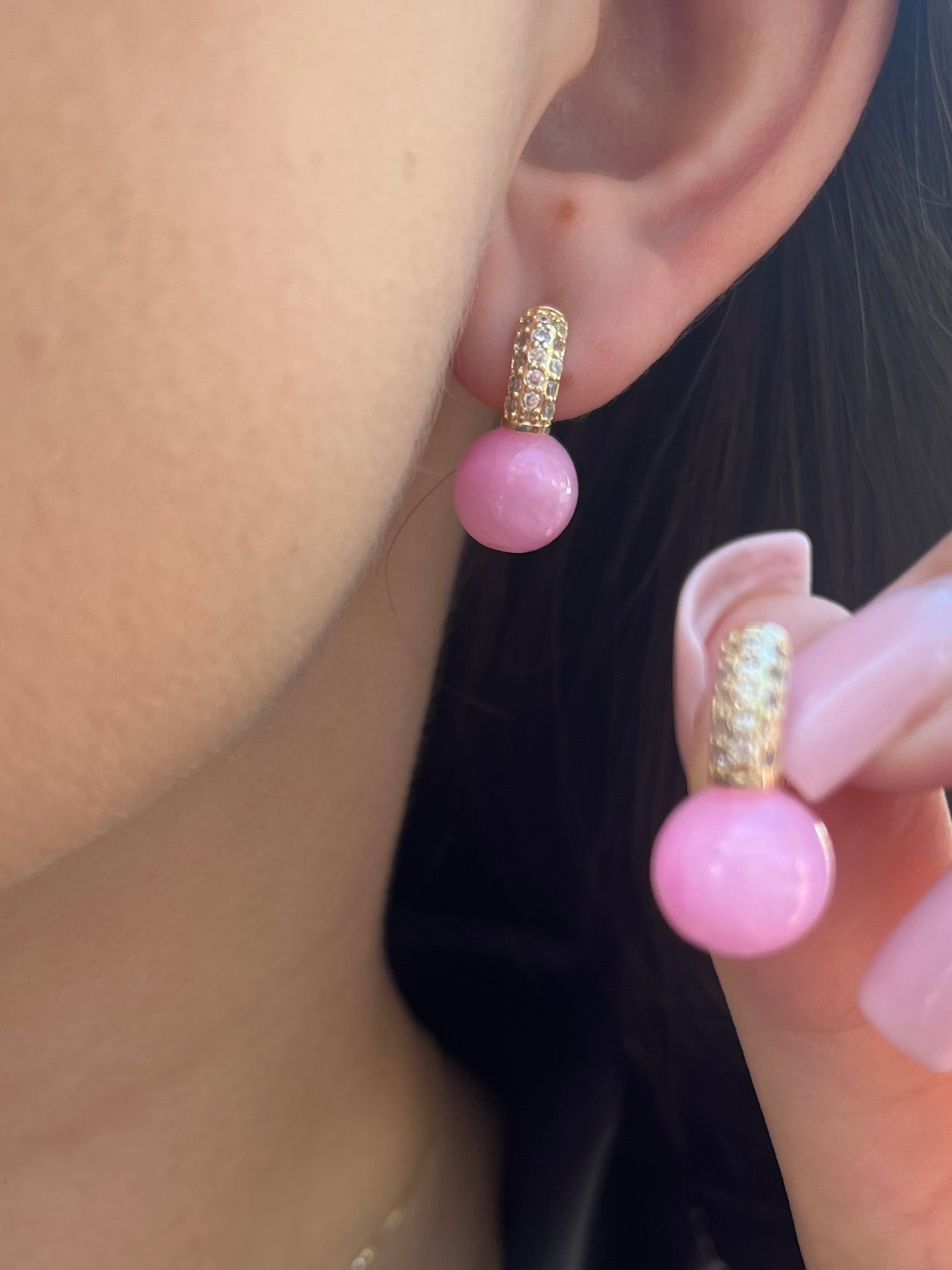 Natural pink Jade Gold Zirconia Earrings