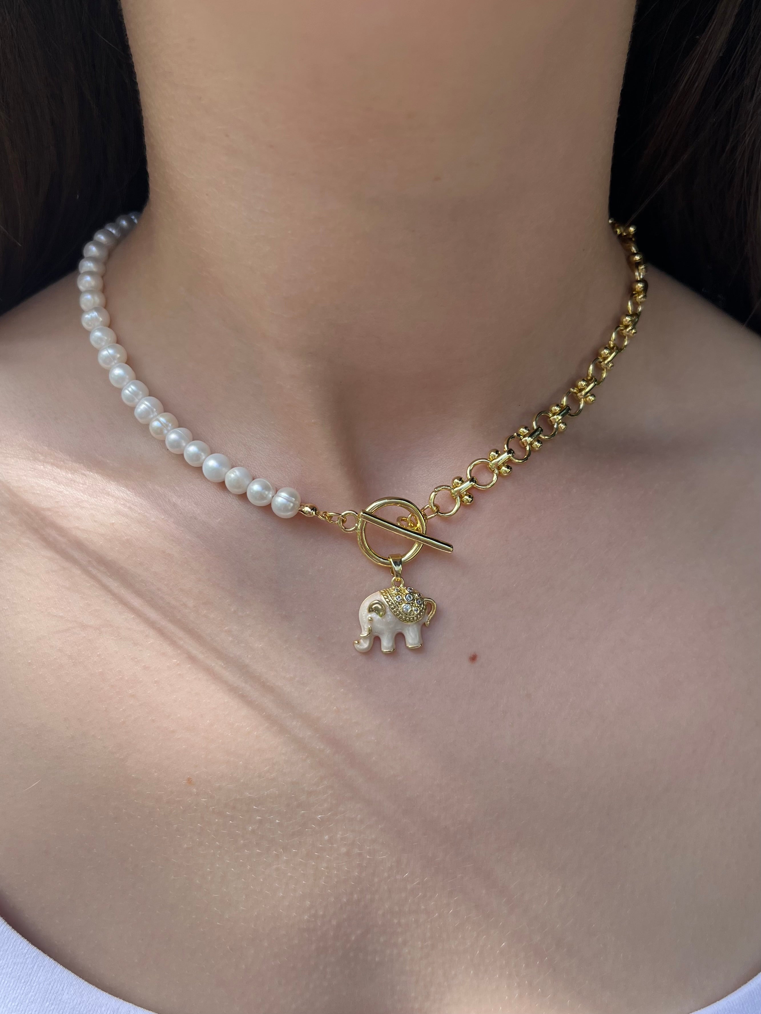 Asymmetrical Pearl Necklace with Elephant Pendant, 18K Gold Plated Chain