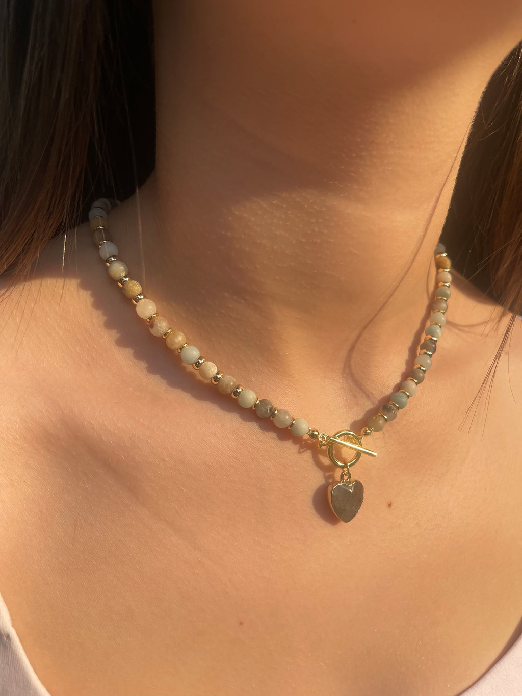 Natural Amazonite Heart Necklace, 18k gold plated clasp