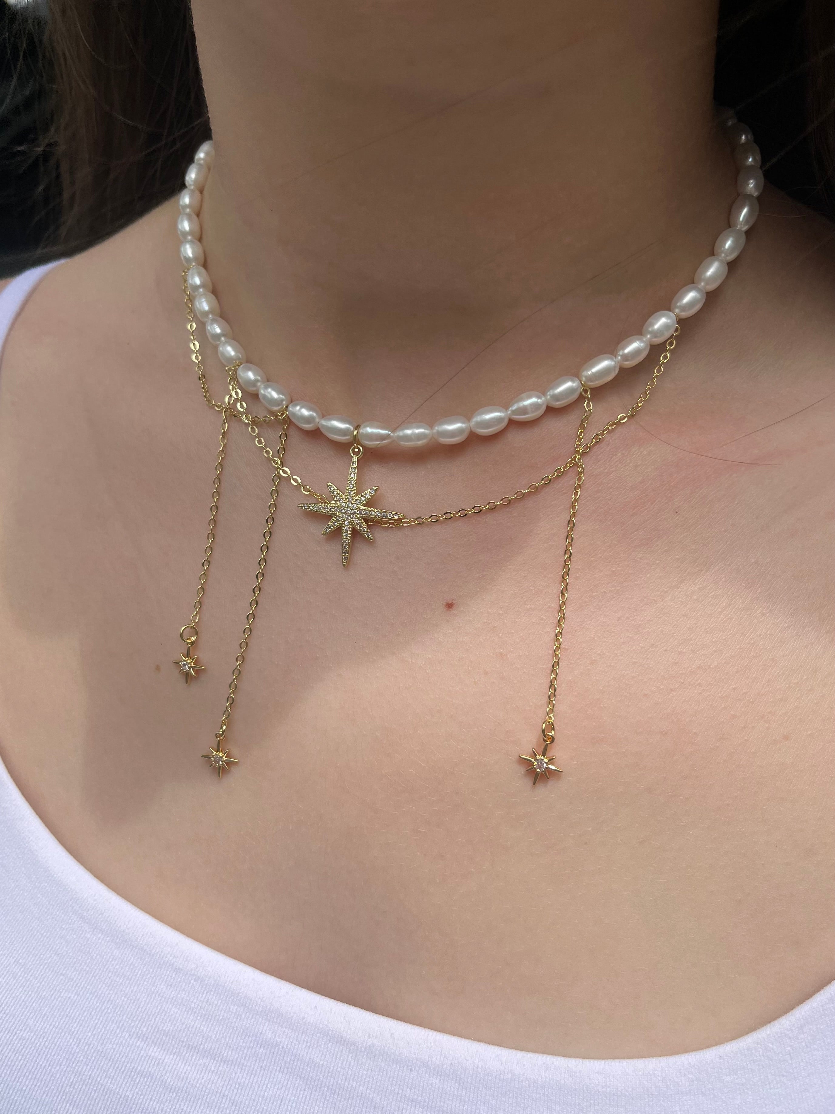 Layered Pearl Star Necklace, 18K Gold Plated