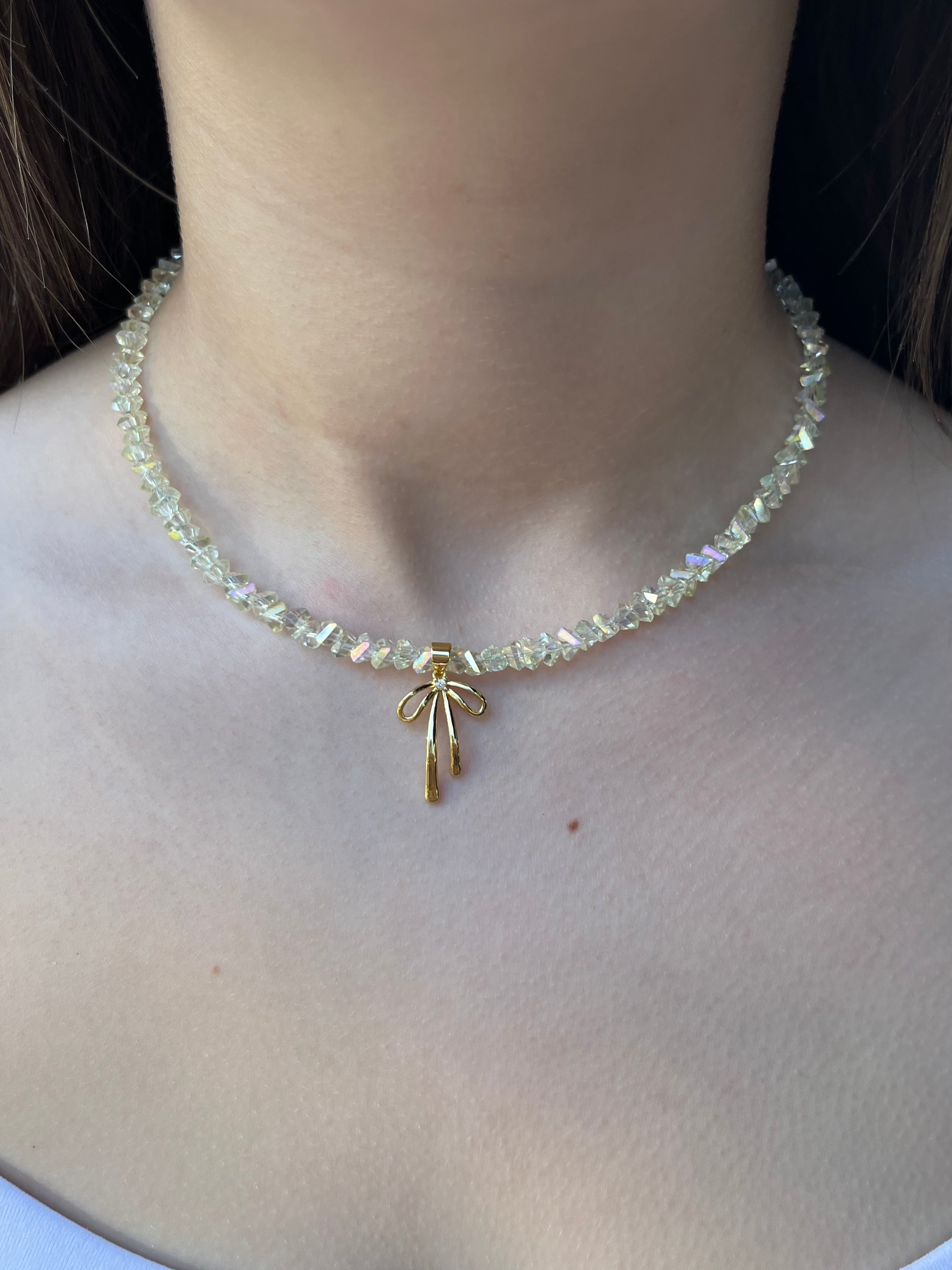 Crystal Glass Bead Choker: 18K Gold Bowknot Pendant