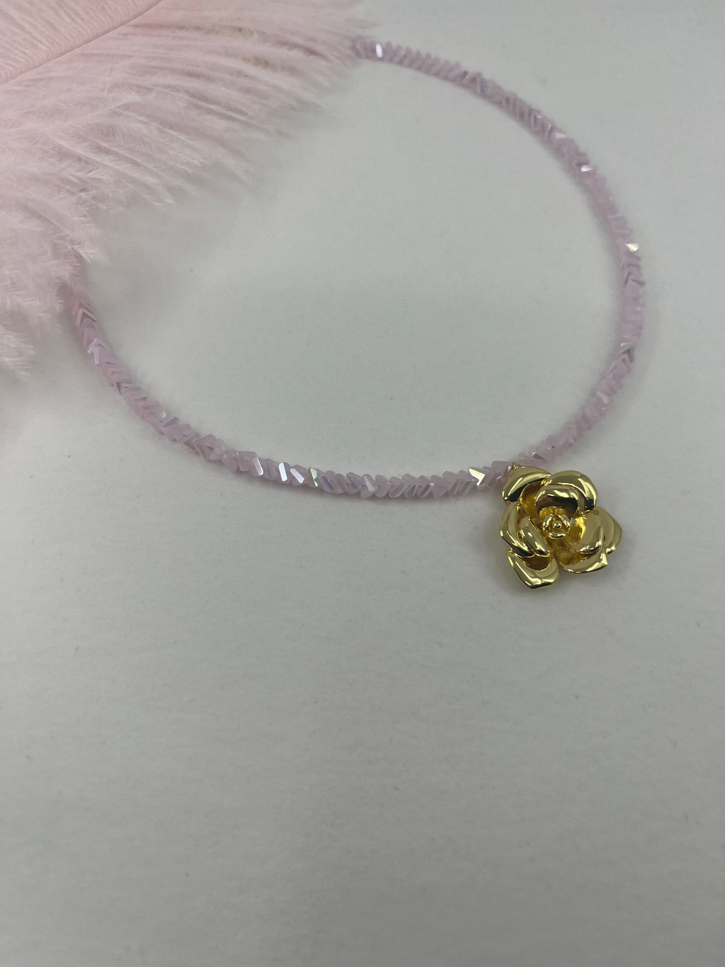 Crystal Pink Glass Bead Choker: 18K Gold Rose Pendant