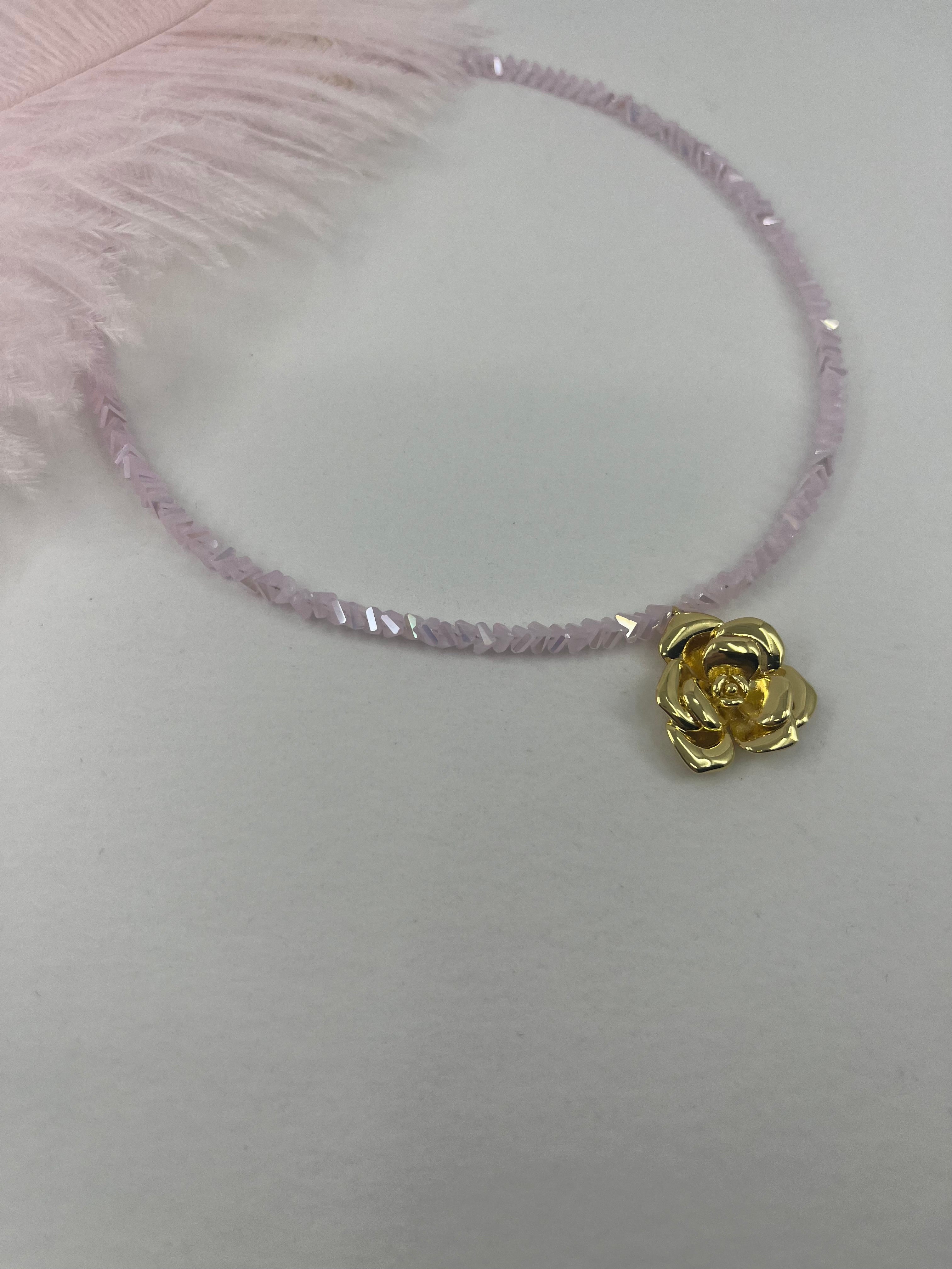 Crystal Pink Glass Bead Choker: 18K Gold Rose Pendant