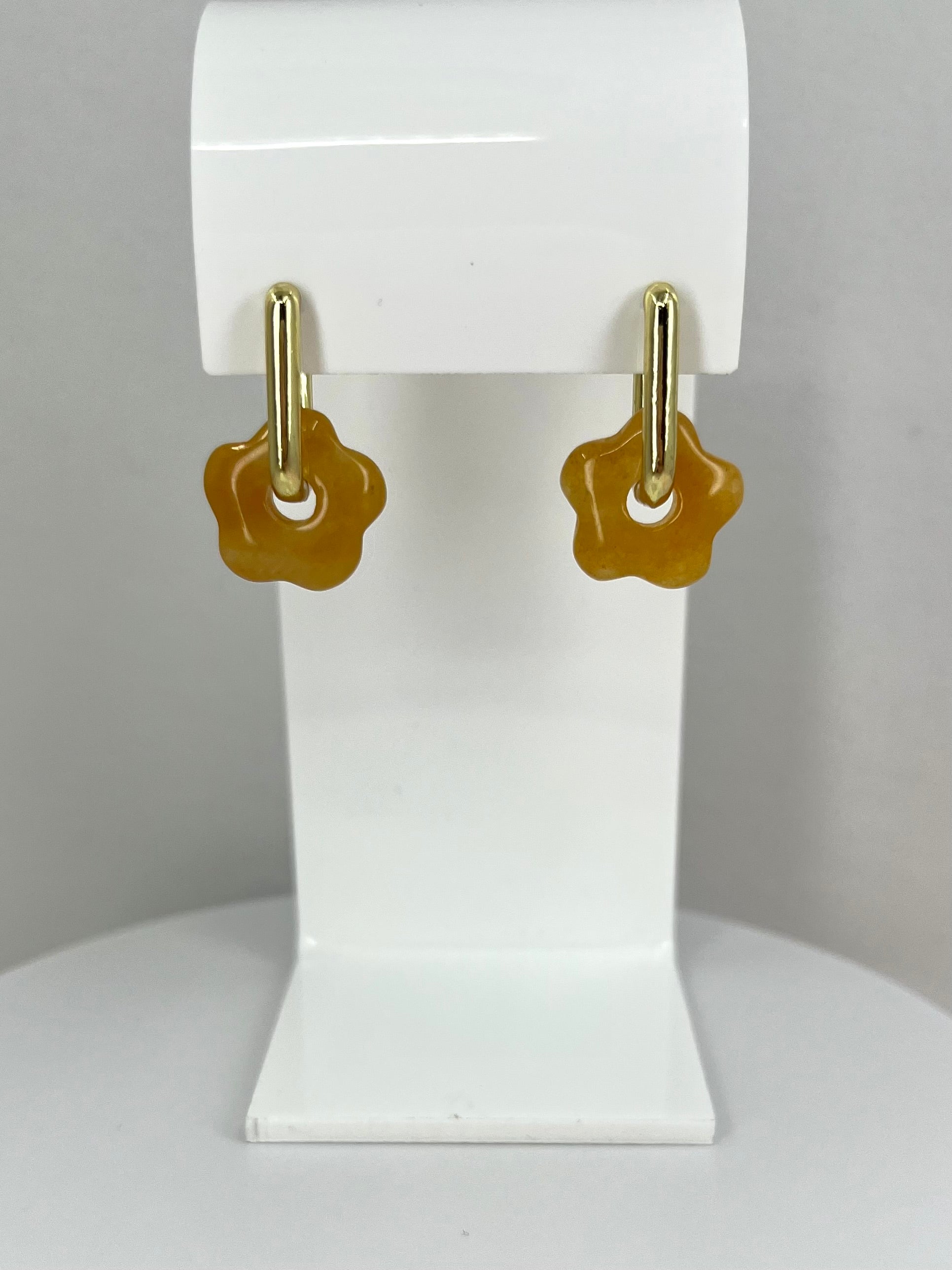 Yellow Jade flower Earrings, 18K Gold Plated