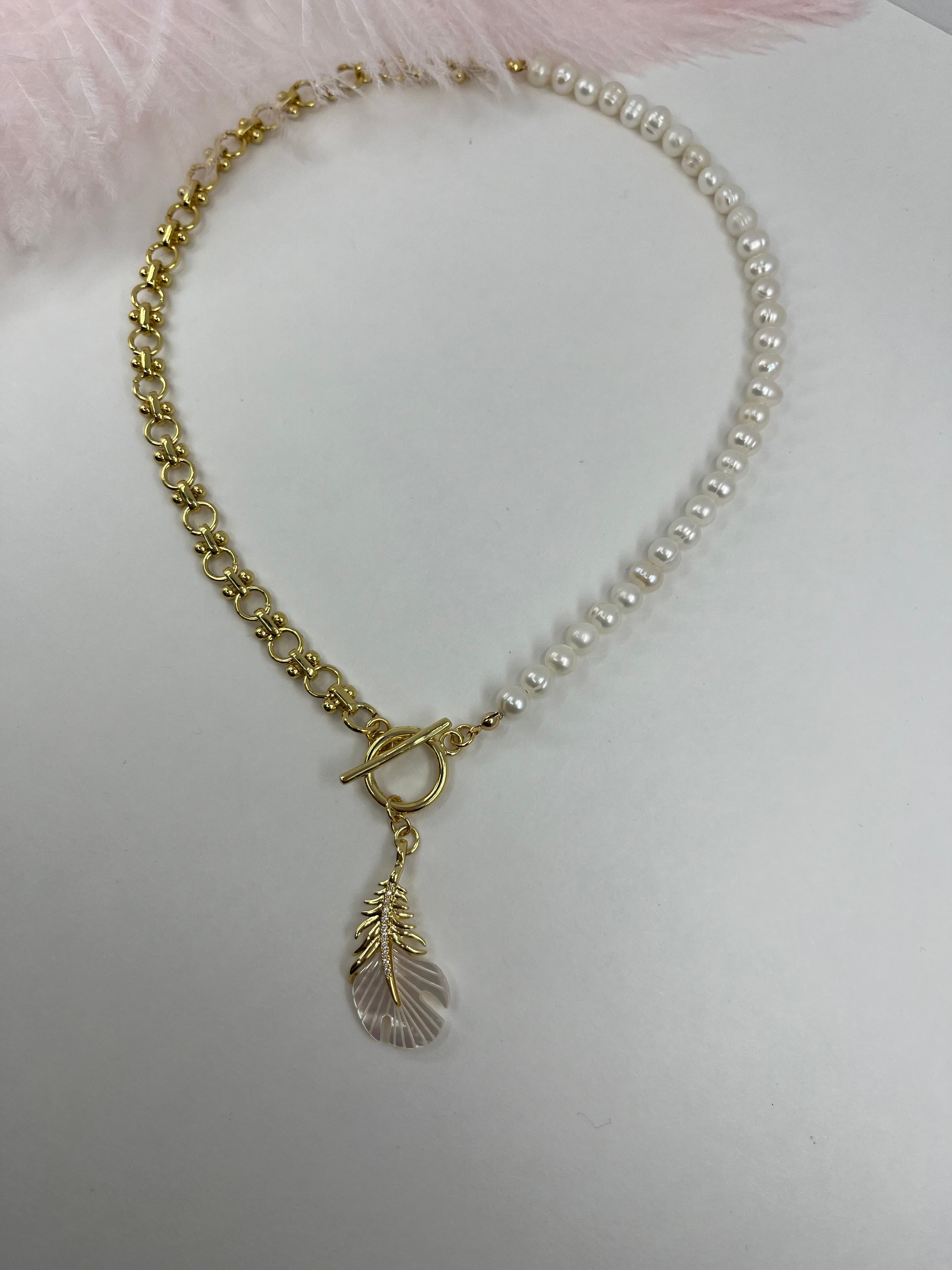 Asymmetrical Pearl Necklace with Feather Pendant, 18K Gold Plated Chain