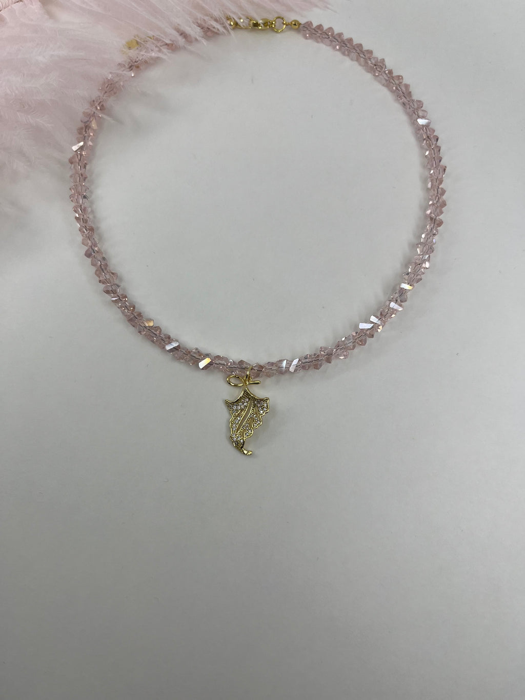 Pink crystal necklace with leaf pendant pendant