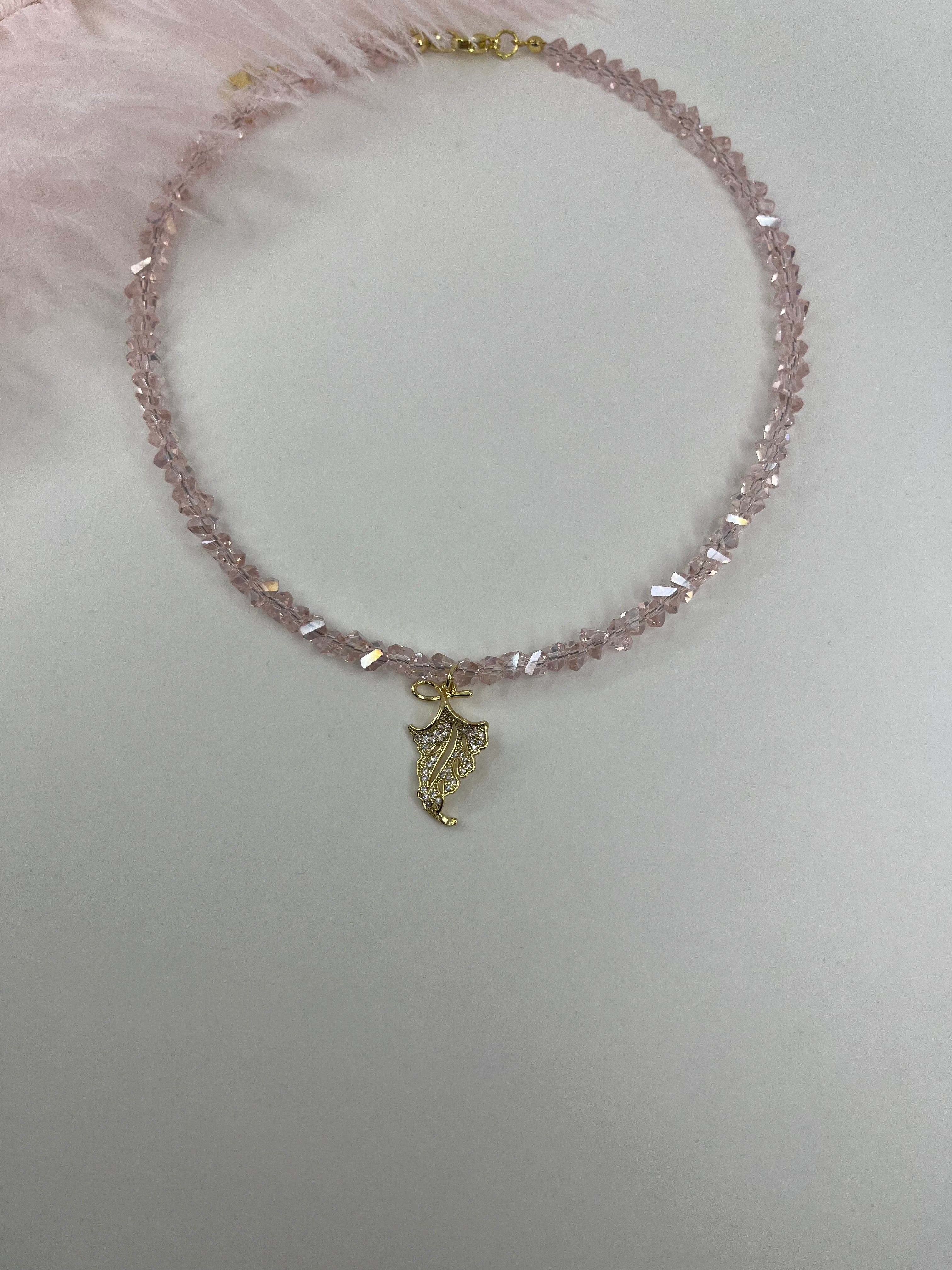 Pink crystal necklace with leaf pendant pendant