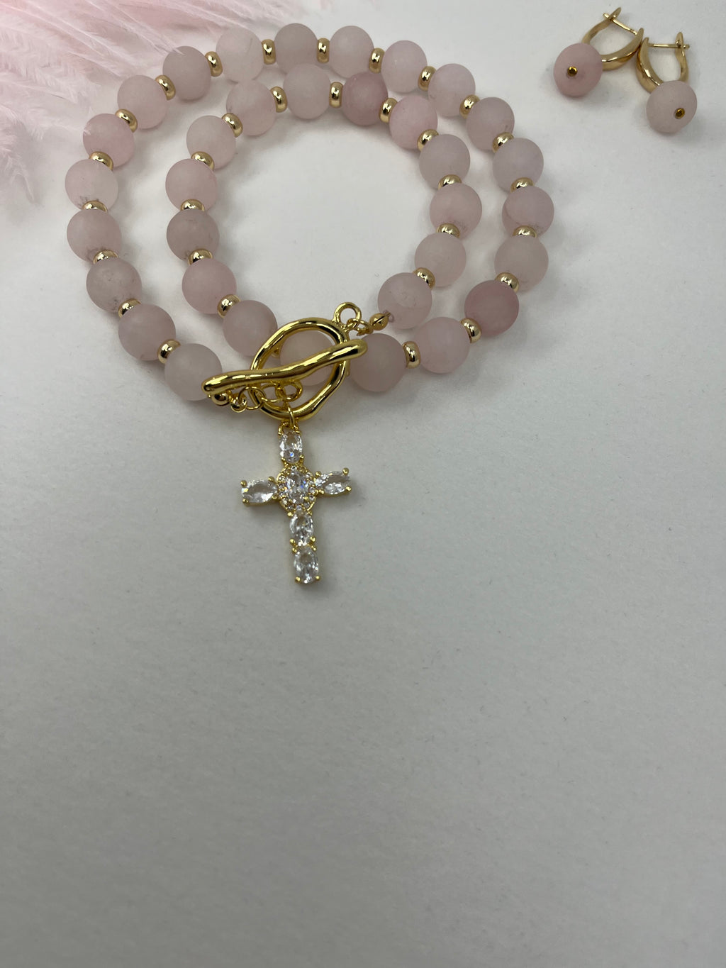 Set: Rose Quartz Cross Necklace and Earrings, 18k gold plated