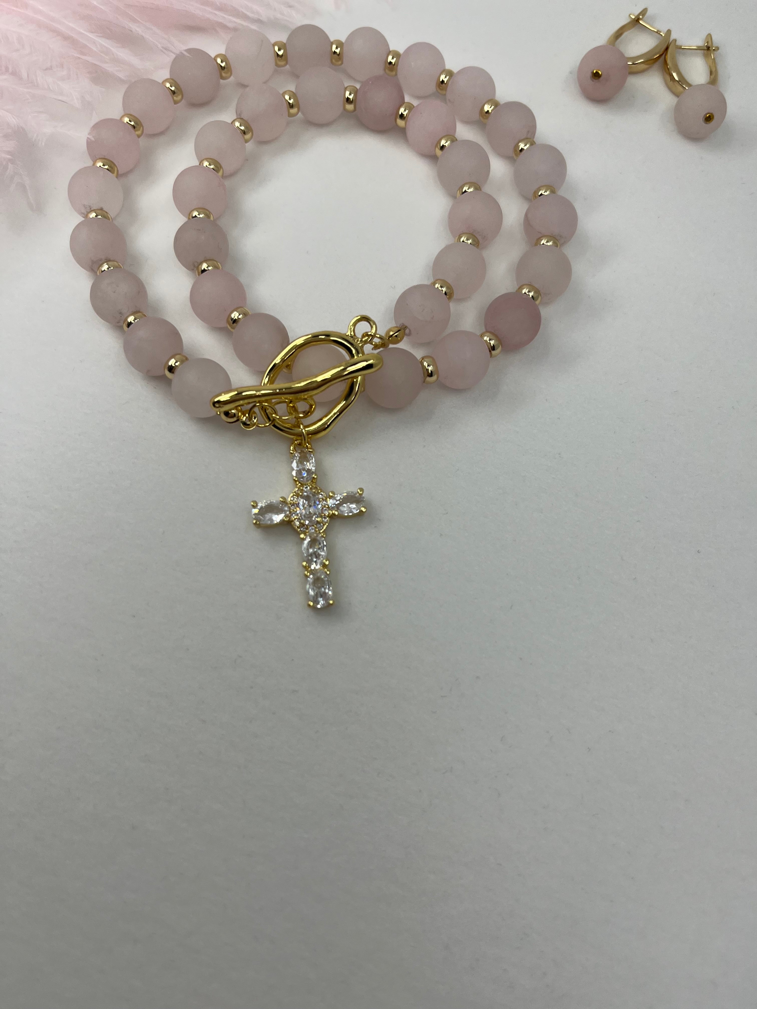 Set: Rose Quartz Cross Necklace and Earrings, 18k gold plated