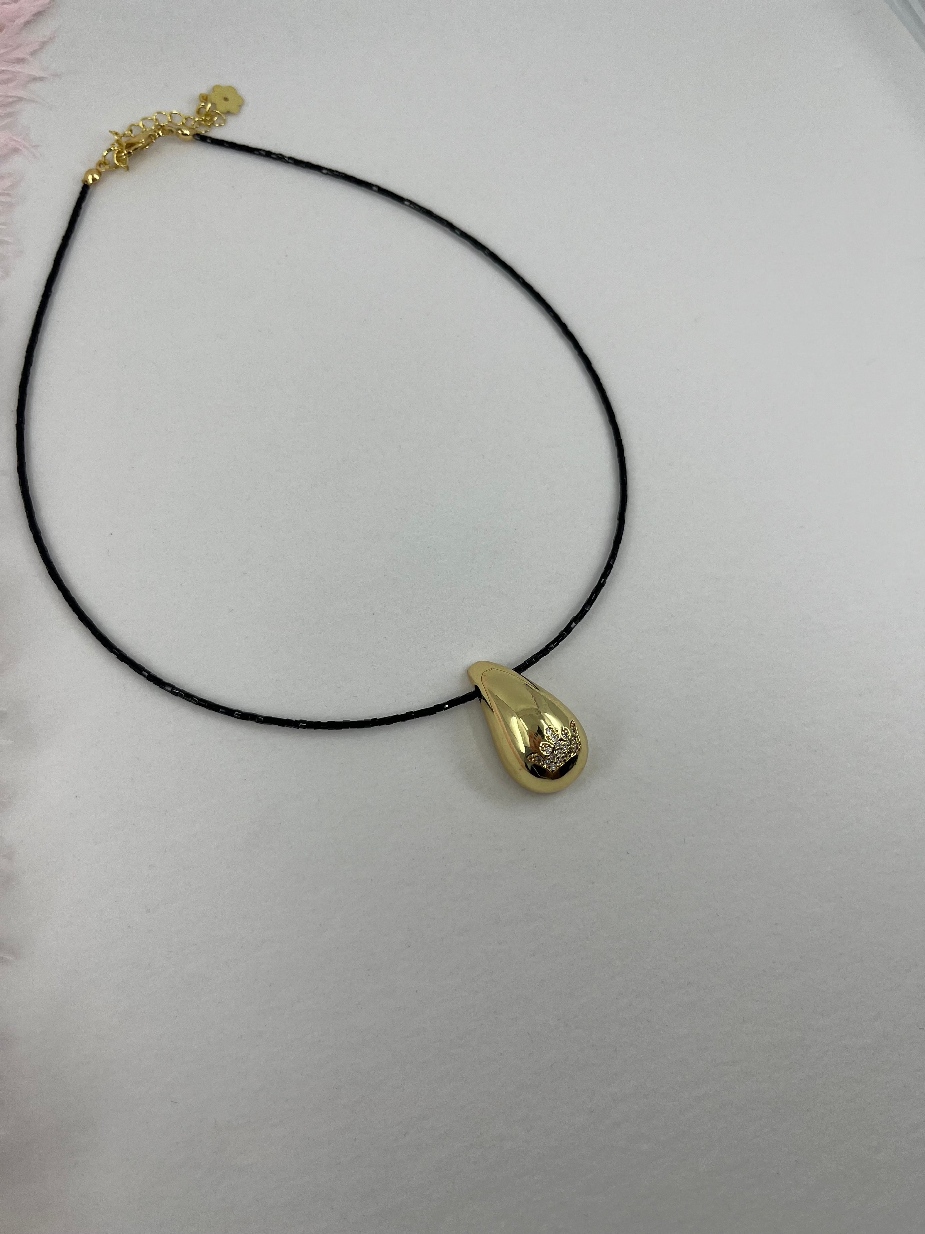 Black beaded choker with gold teardrop crown pendants: 18K Gold Plated