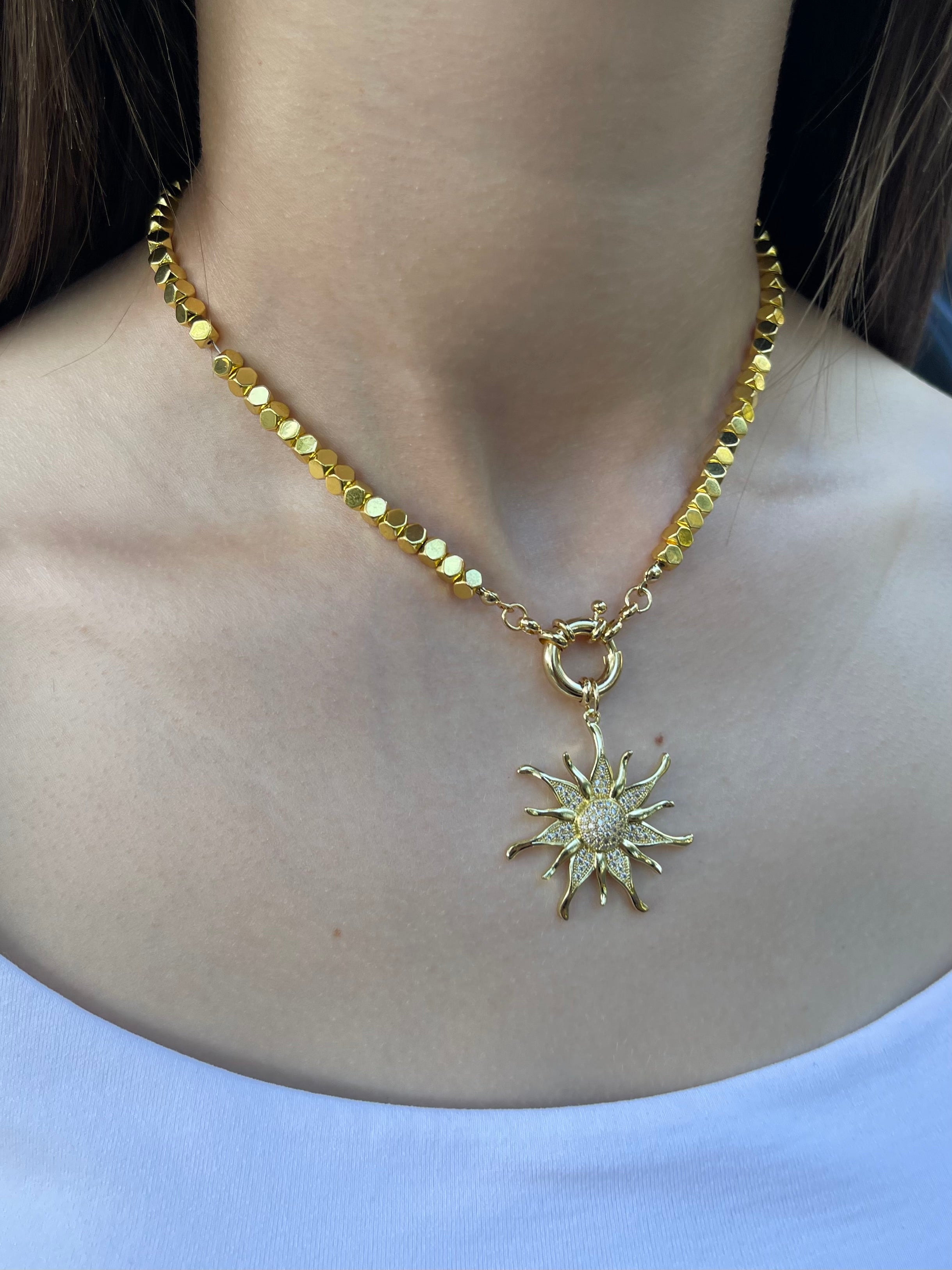 Gold Hematite Sun Necklace, 18K Gold Plated pendant
