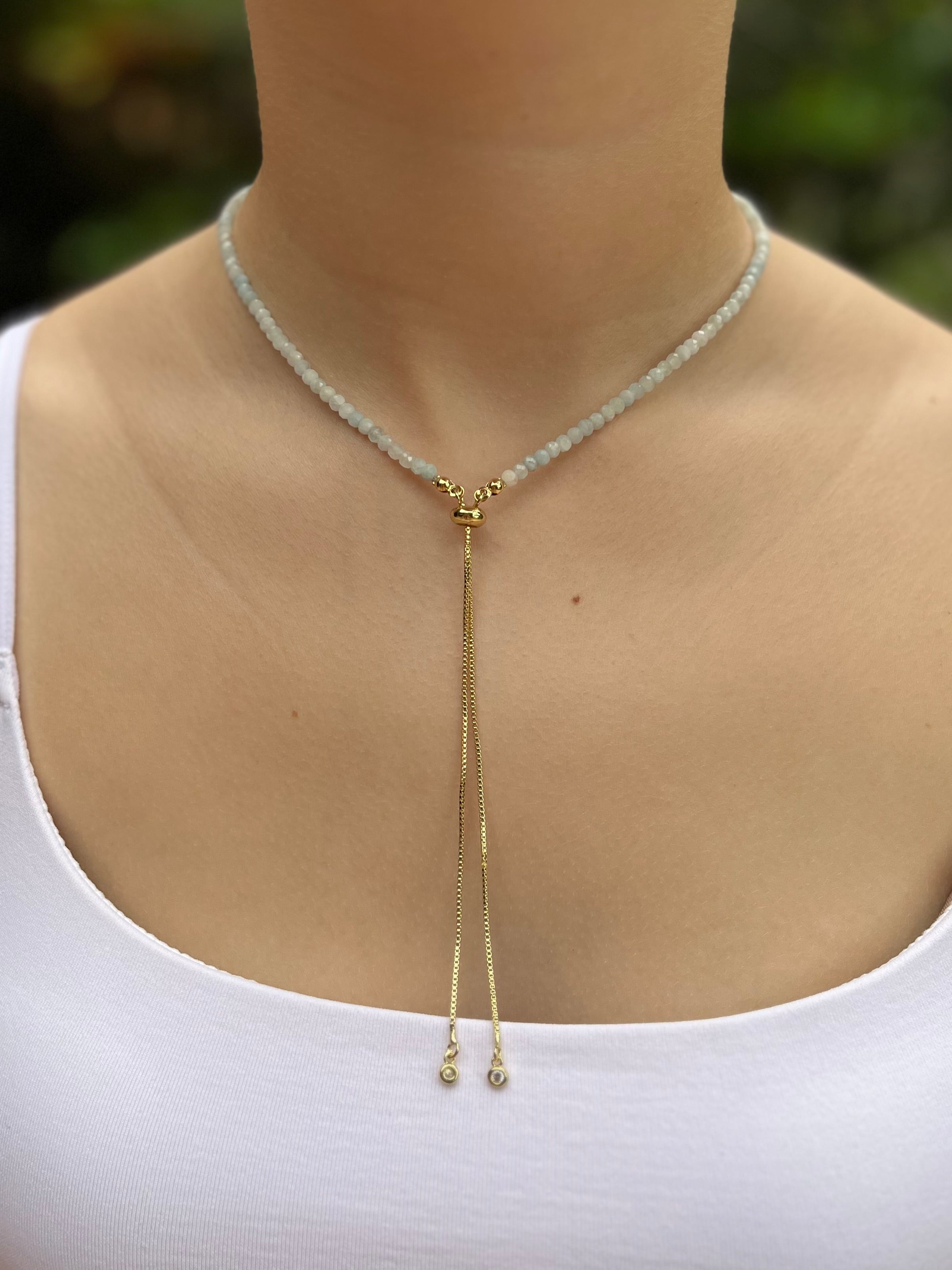 Aquamarine Slider Y-Necklace, 18k gold plated