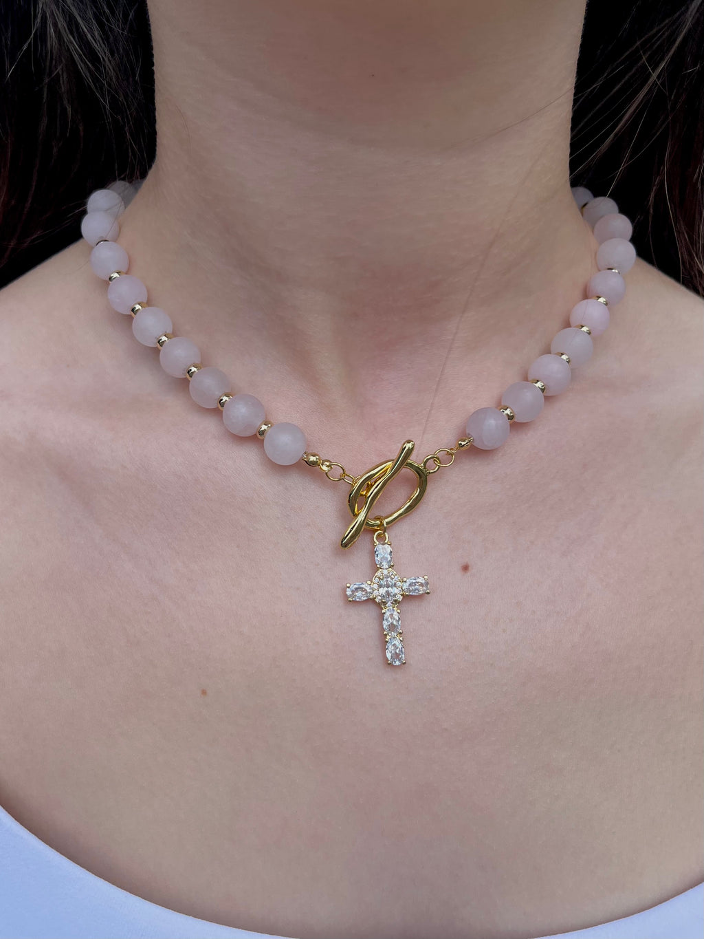 Set: Rose Quartz Cross Necklace and Earrings, 18k gold plated