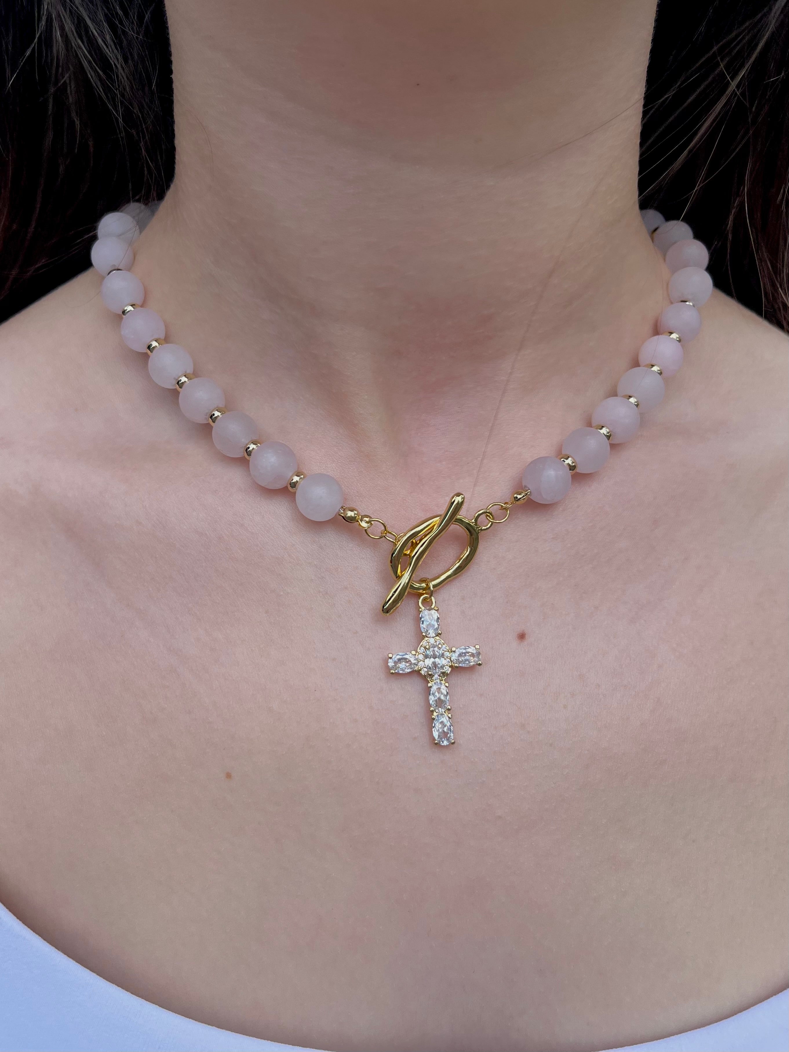Set: Rose Quartz Cross Necklace and Earrings, 18k gold plated