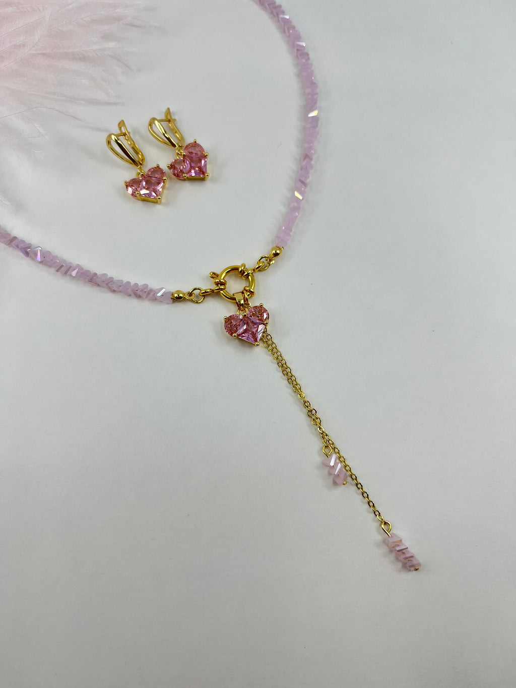 Set: Heart Pink Crystal Y-Necklace and Earrings – 18K Gold Plated, Cubic Zirconia