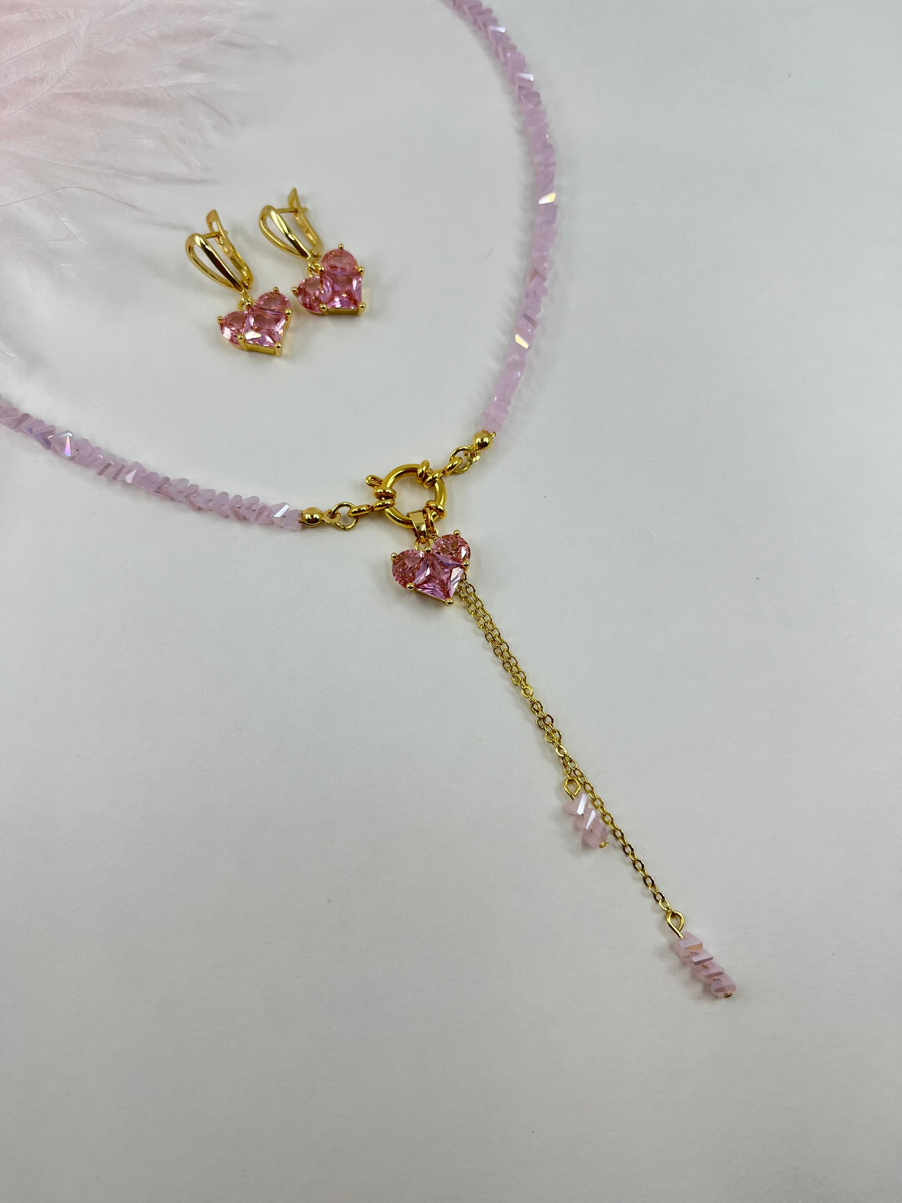Set: Heart Pink Crystal Y-Necklace and Earrings – 18K Gold Plated, Cubic Zirconia