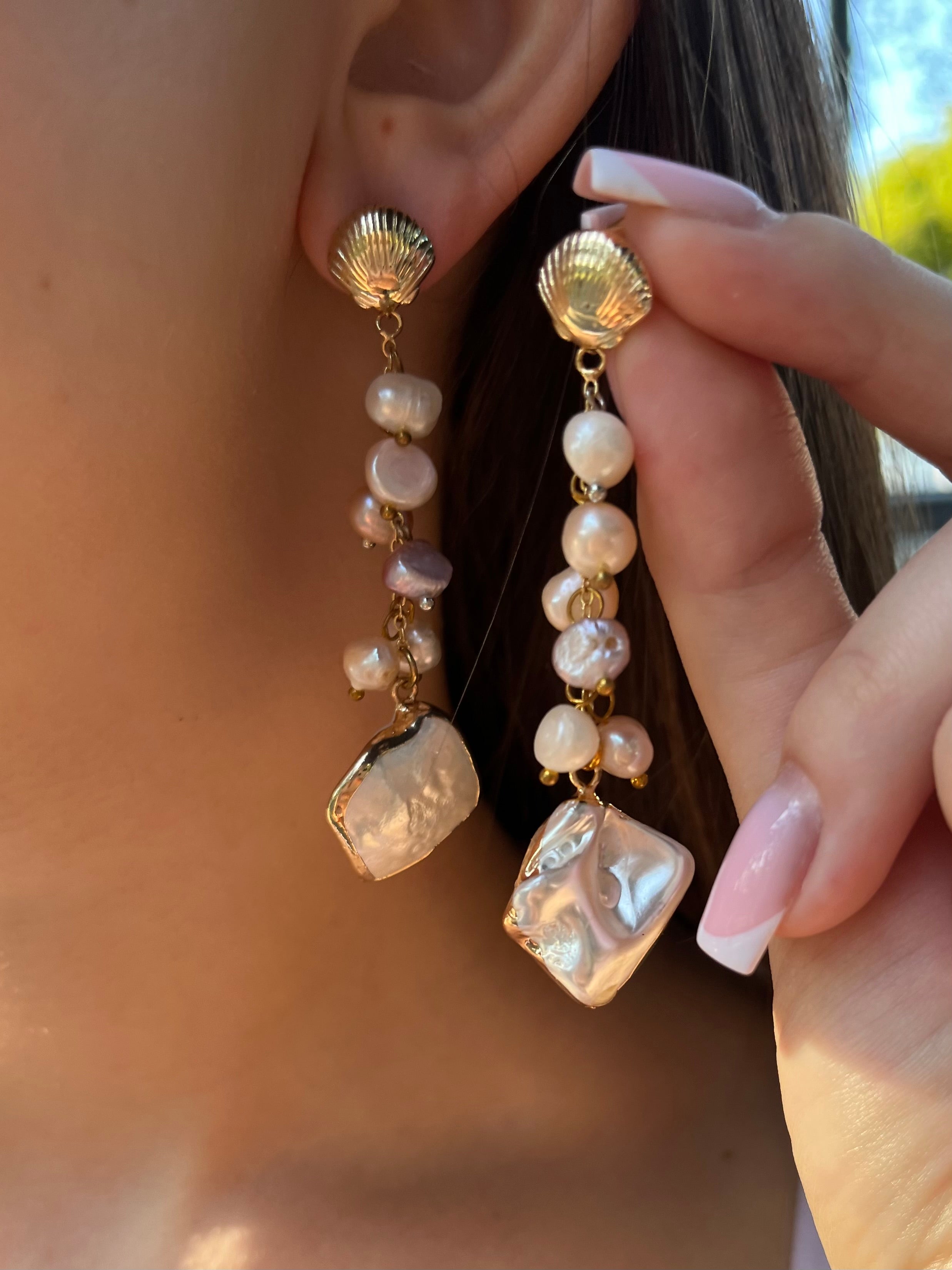 Long Natural Pearl Drop Earrings with baroque shell pendant