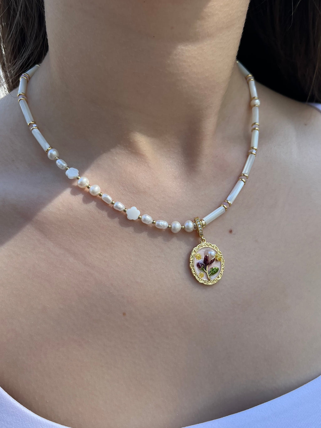 Natural Pearl and Trochus Shell Pendant Necklace, 18K Gold-Plated