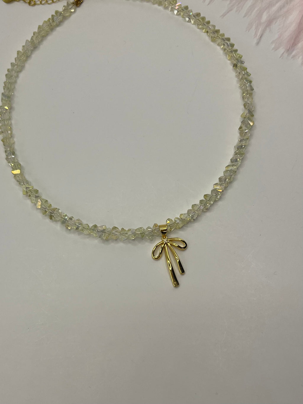 Crystal Glass Bead Choker: 18K Gold Bowknot Pendant
