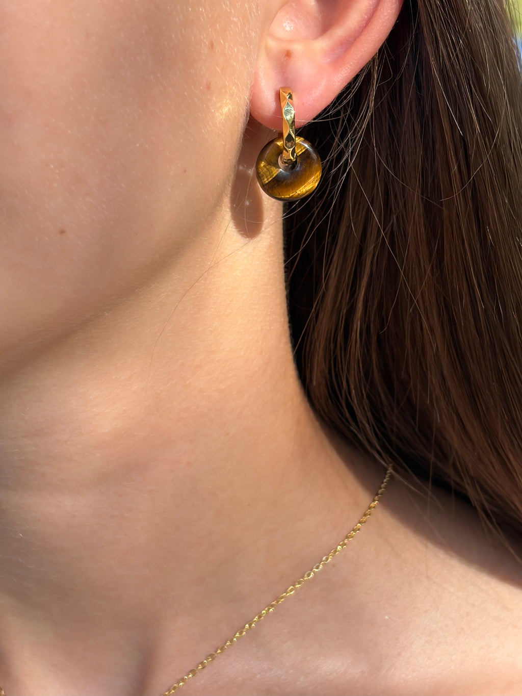Tiger eye donut Earrings and Necklace,18K Gold Plated