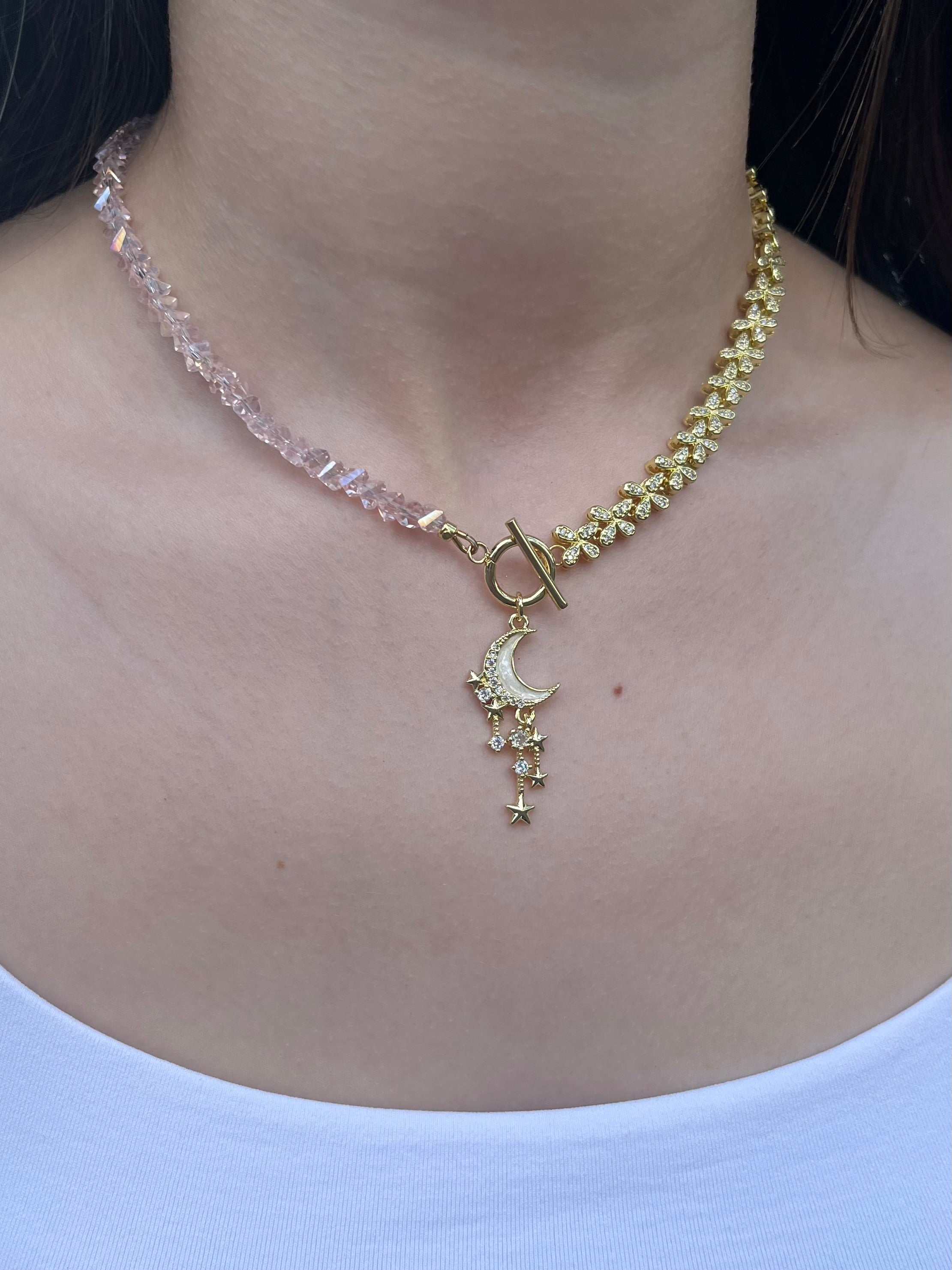 Asymmetrical Crystal Moon Necklace, 18k gold plated