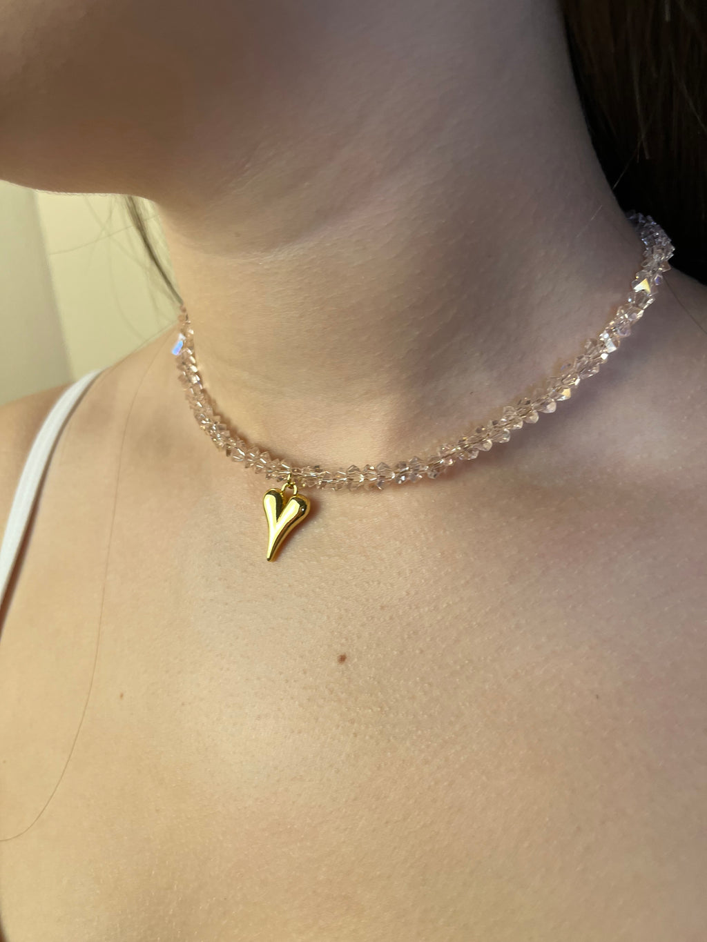 Crystal Glass Bead Choker: 18K Gold Heart Pendant