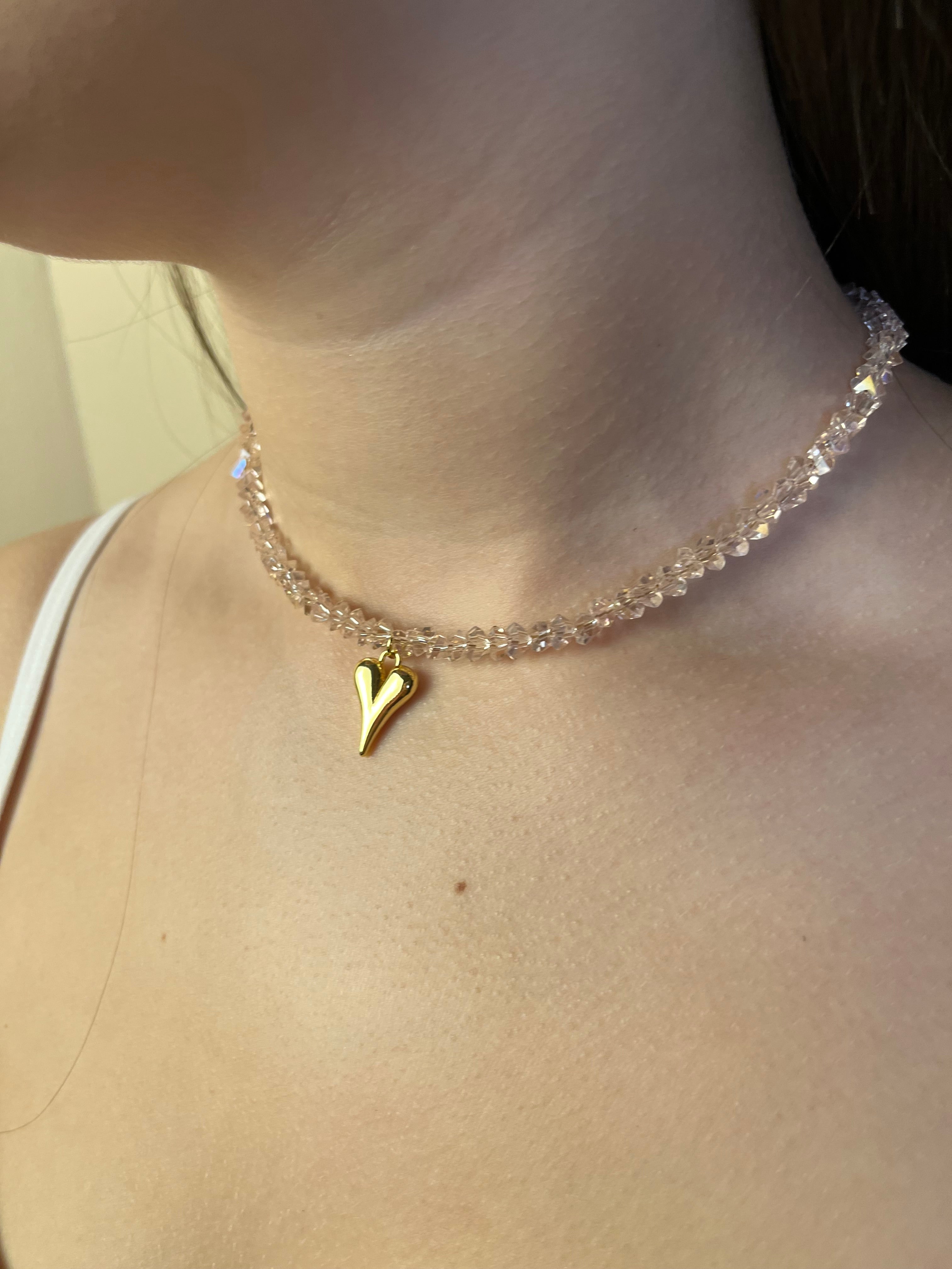 Crystal Glass Bead Choker: 18K Gold Heart Pendant