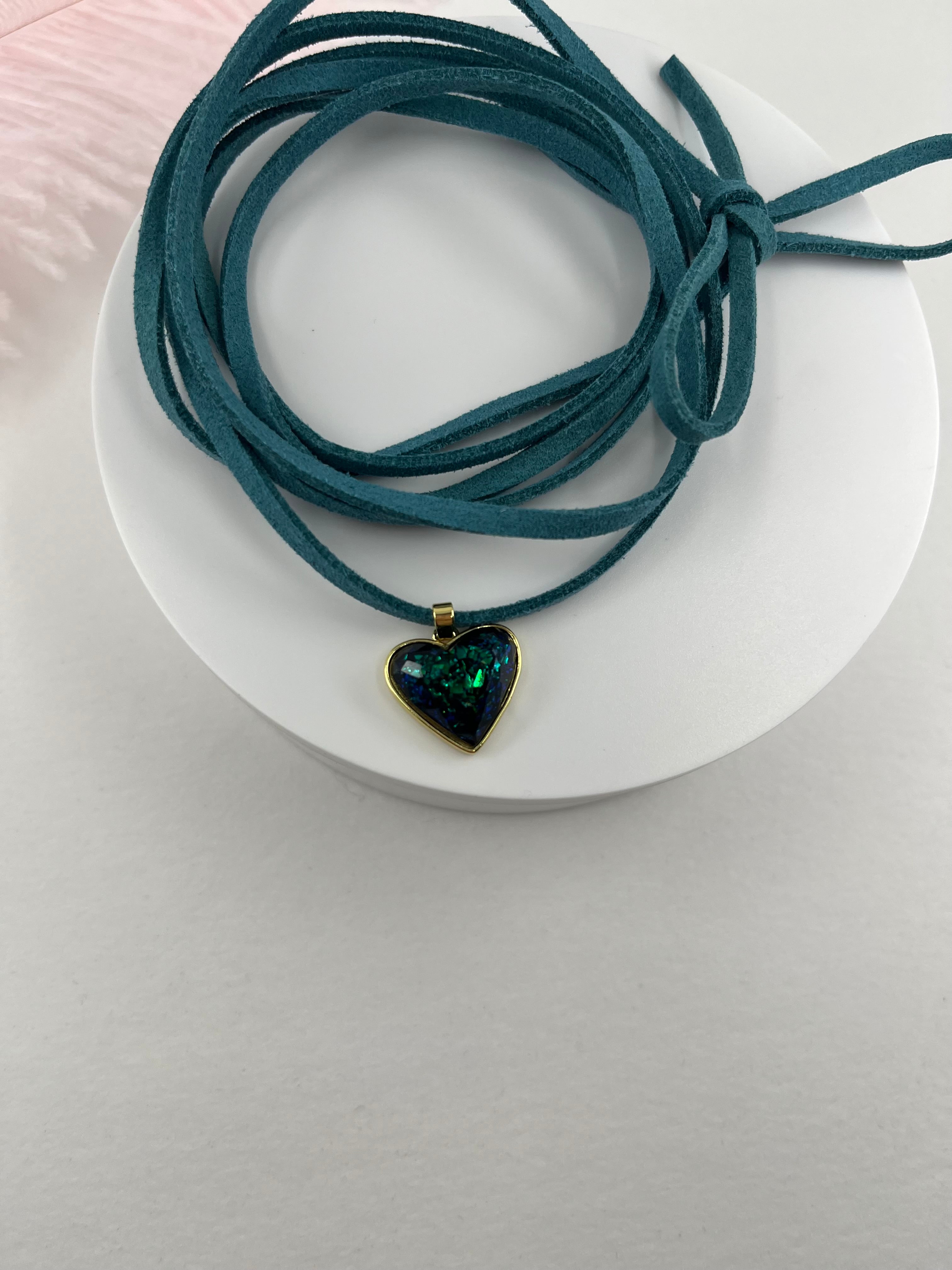 Turquoise Suede Bow Tie Wrap Choker, 18K gold Heart Pendant Necklace