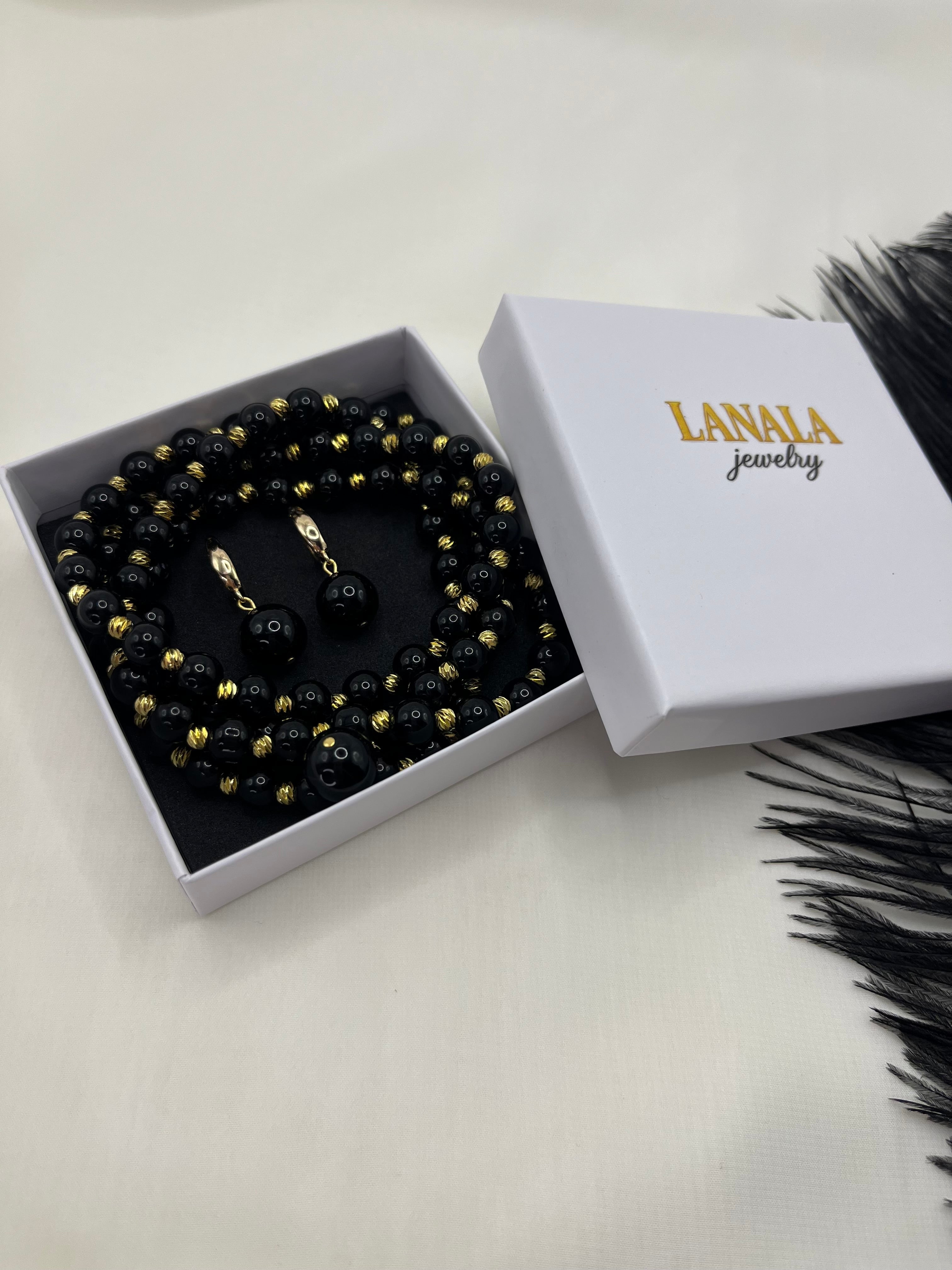 Set: Black Onyx Necklace and Earrings Set: 18K Gold Plated