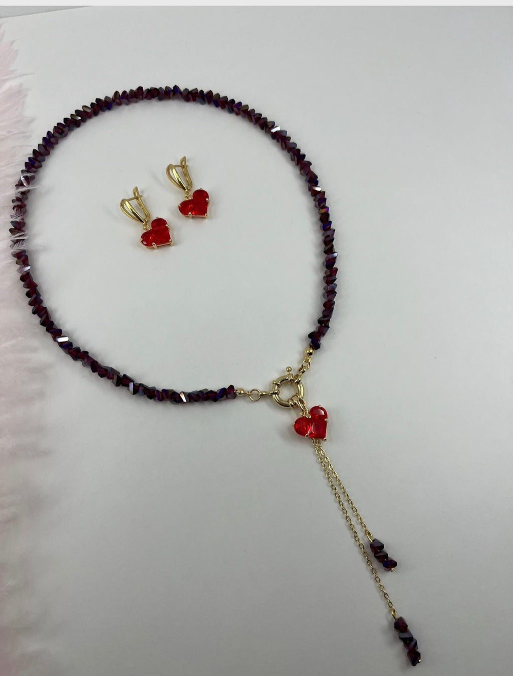 Set: Heart Crystal Burgundy Y-Necklace and Earrings – 18K Gold Plated