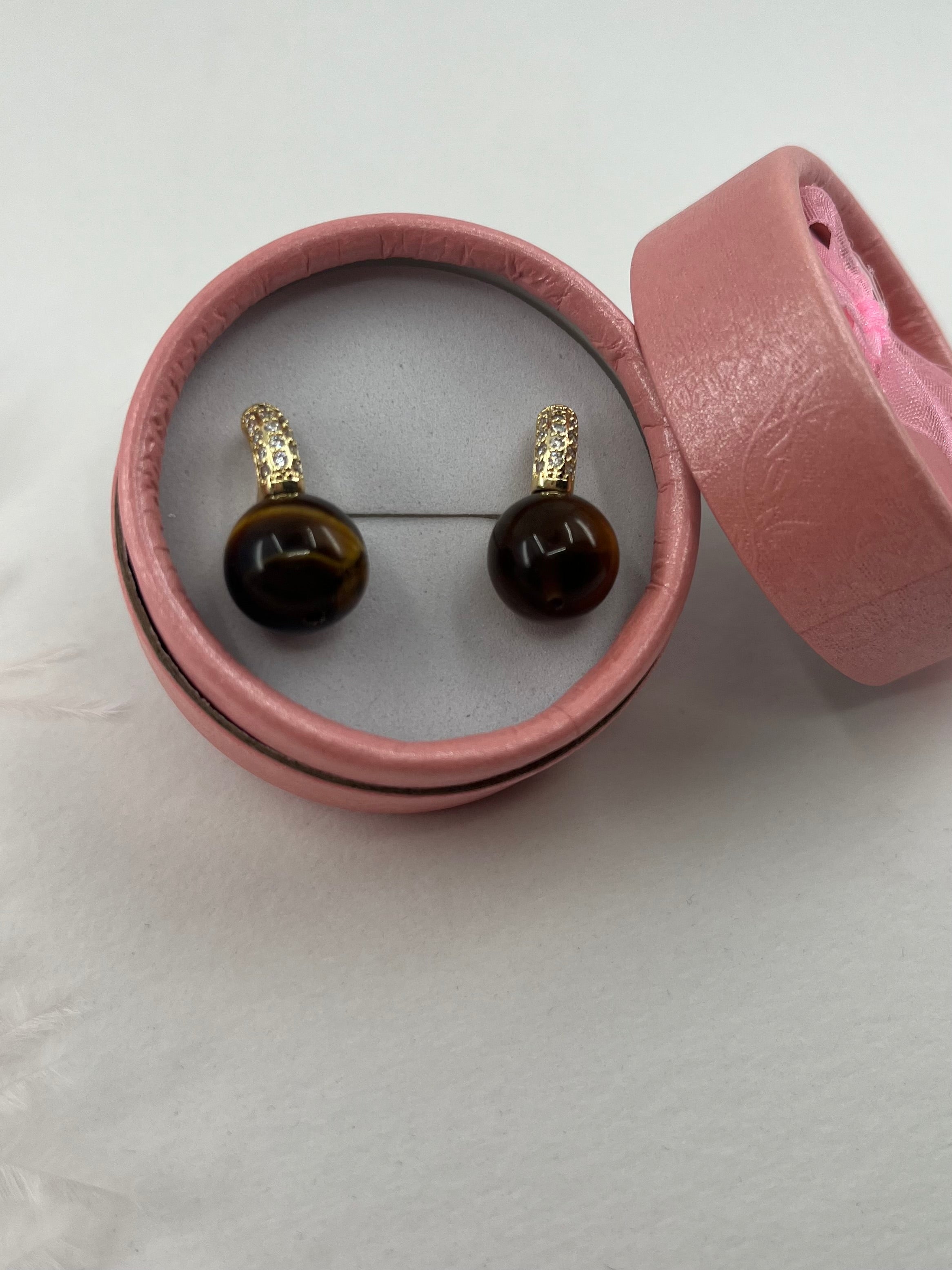 Natural Tiger eye Gold Zirconia Earrings