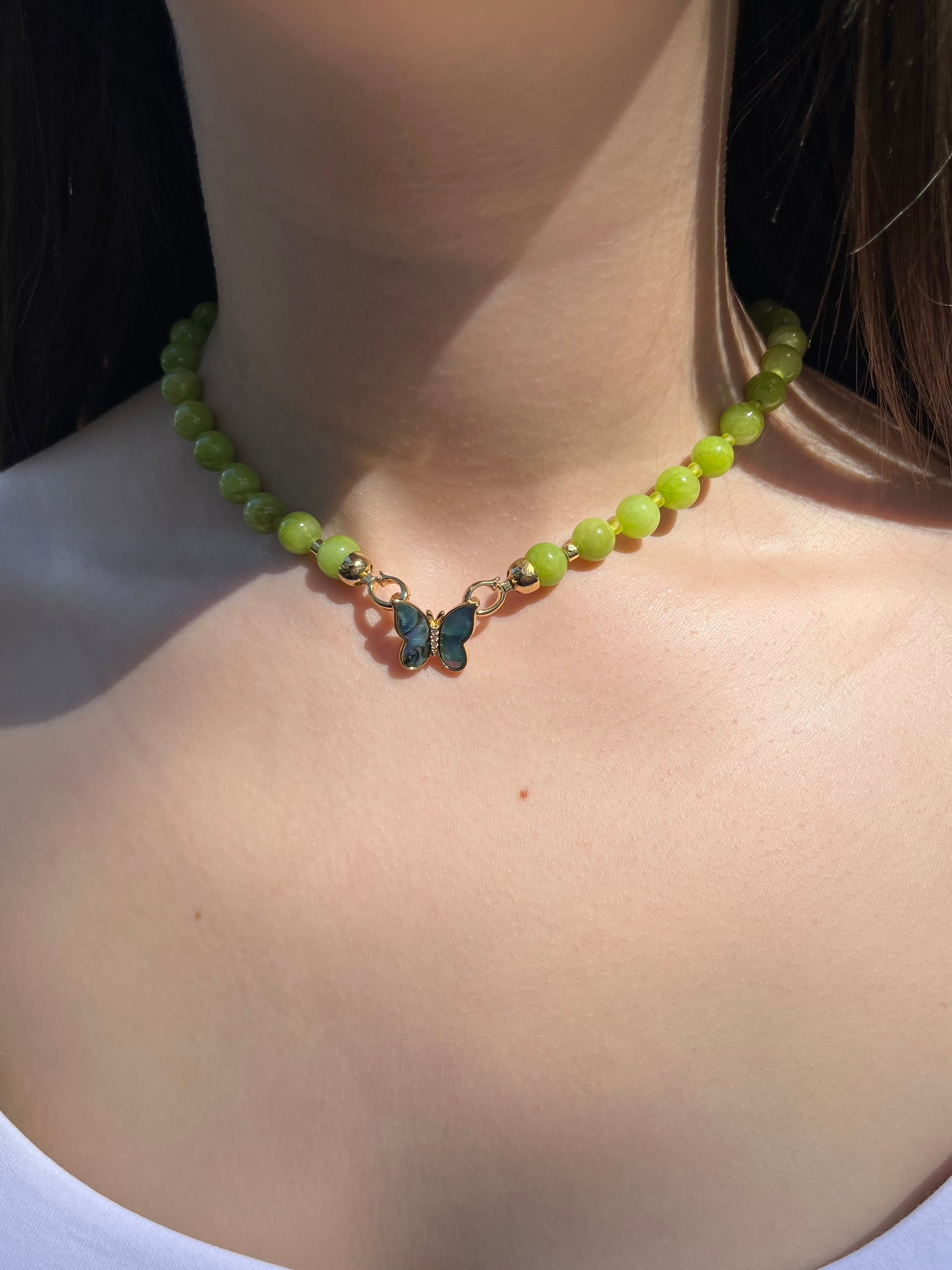 Natural Light Green Jade Necklace with 18K Gold Butterfly Clasp