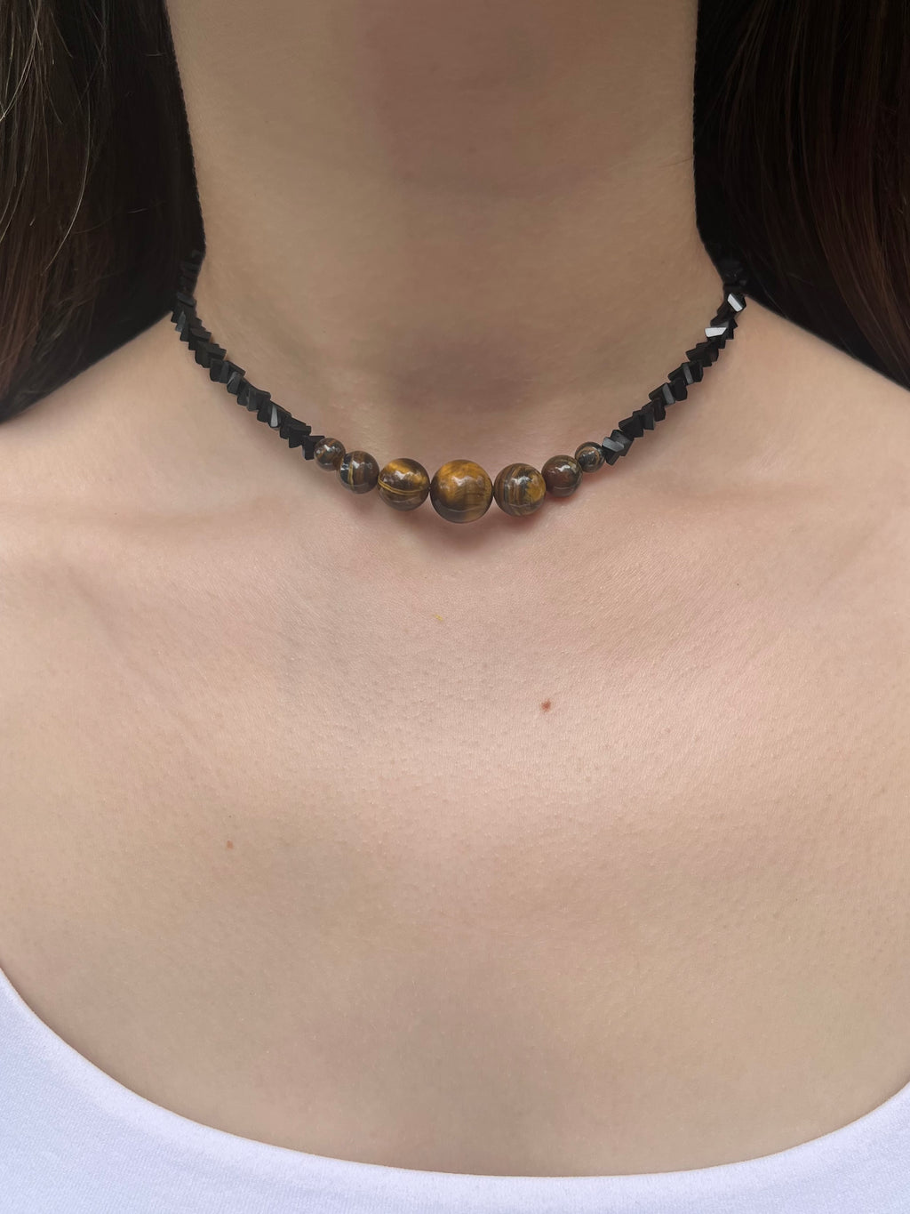 Set: Black Crystal Choker Necklace with Tiger Eye and earrings