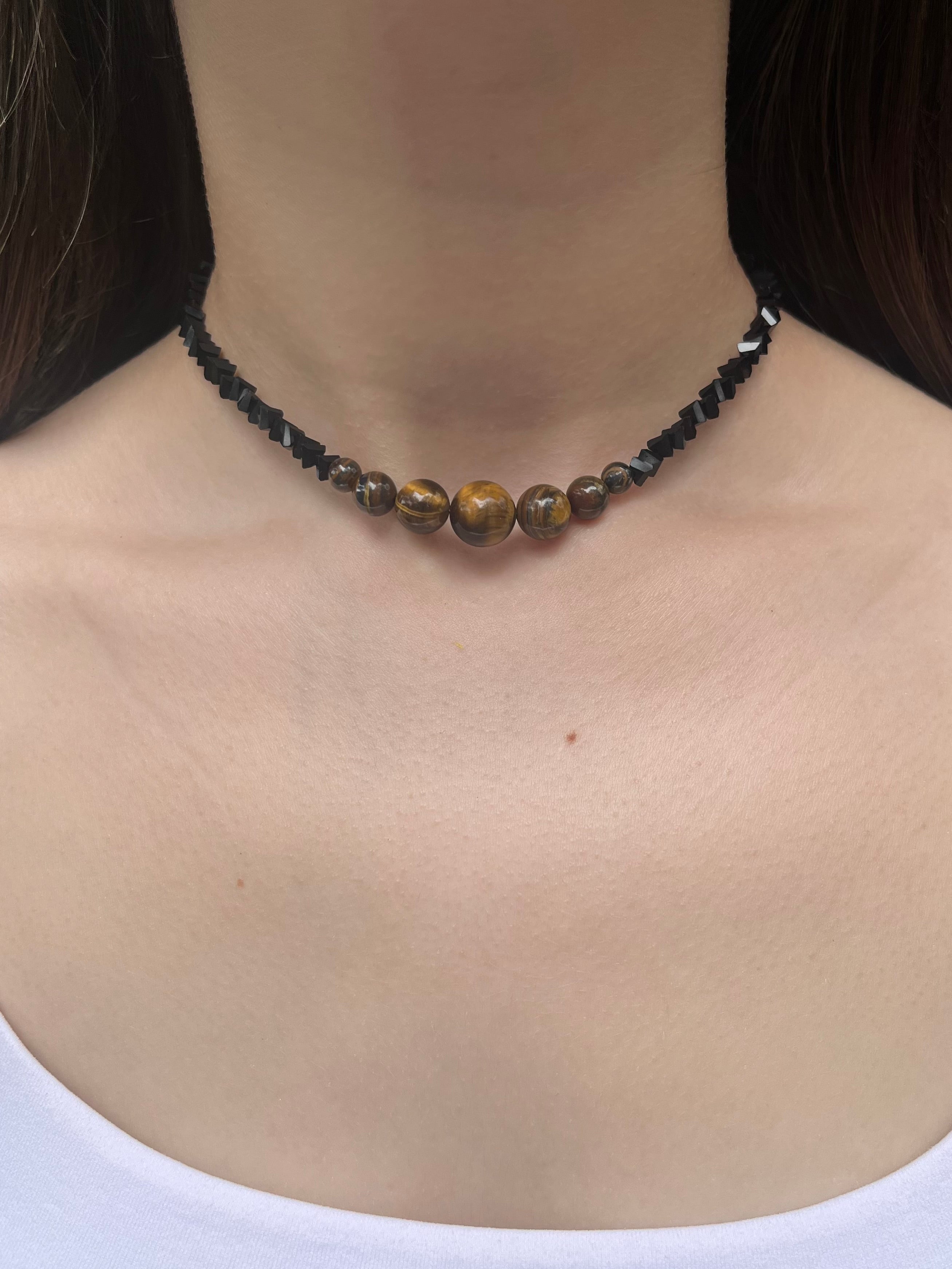 Set: Black Crystal Choker Necklace with Tiger Eye and earrings