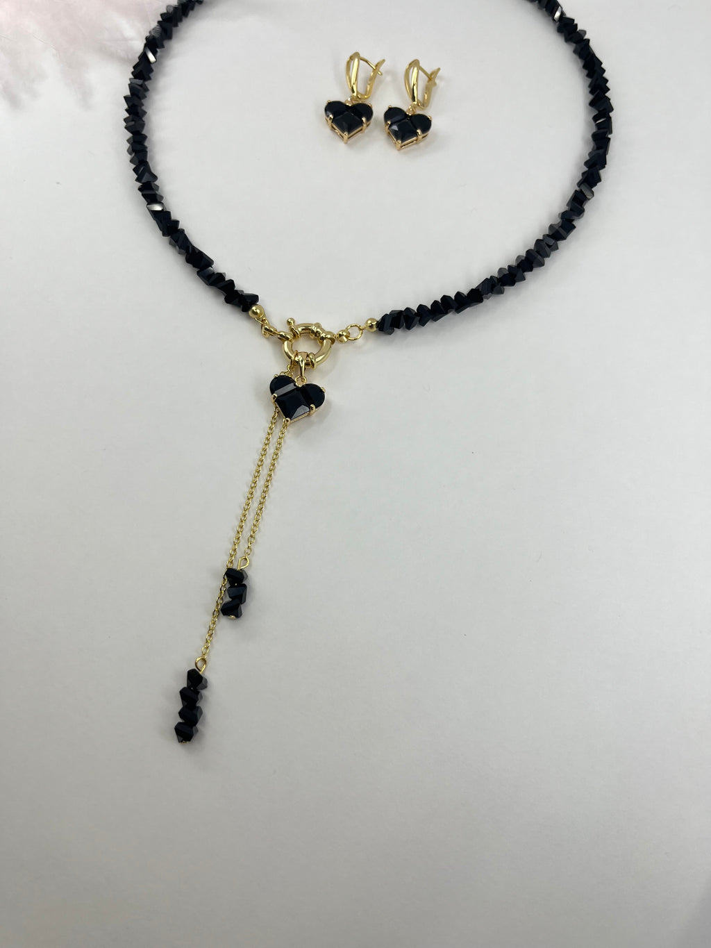 Set: Heart Black Crystal Y-Necklace and Earrings – 18K Gold Plated, Cubic Zirconia