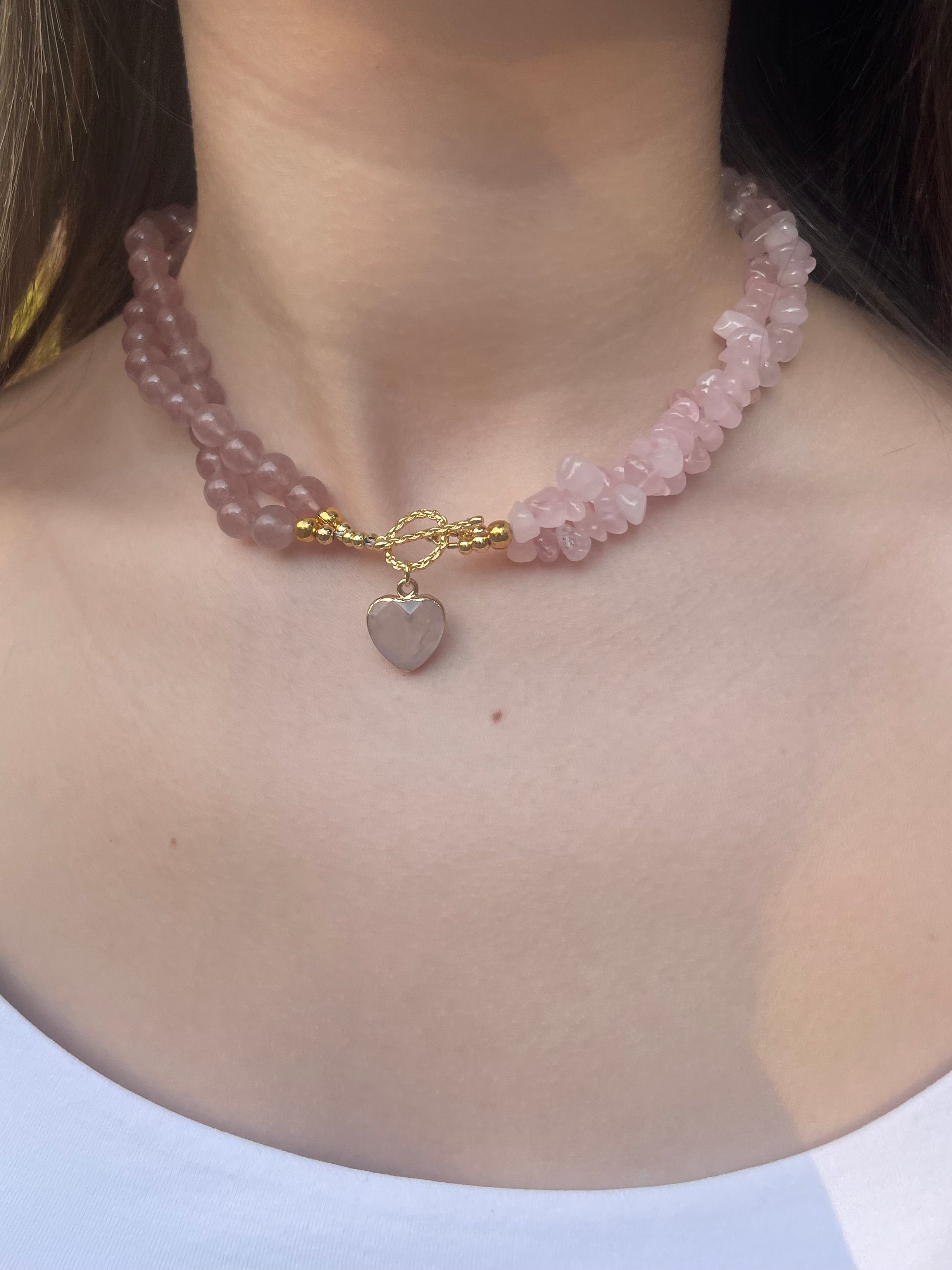 Asymmetrical Layered Strawberry Quartz Necklace with heart pendant: 18K Gold Plated Pendant
