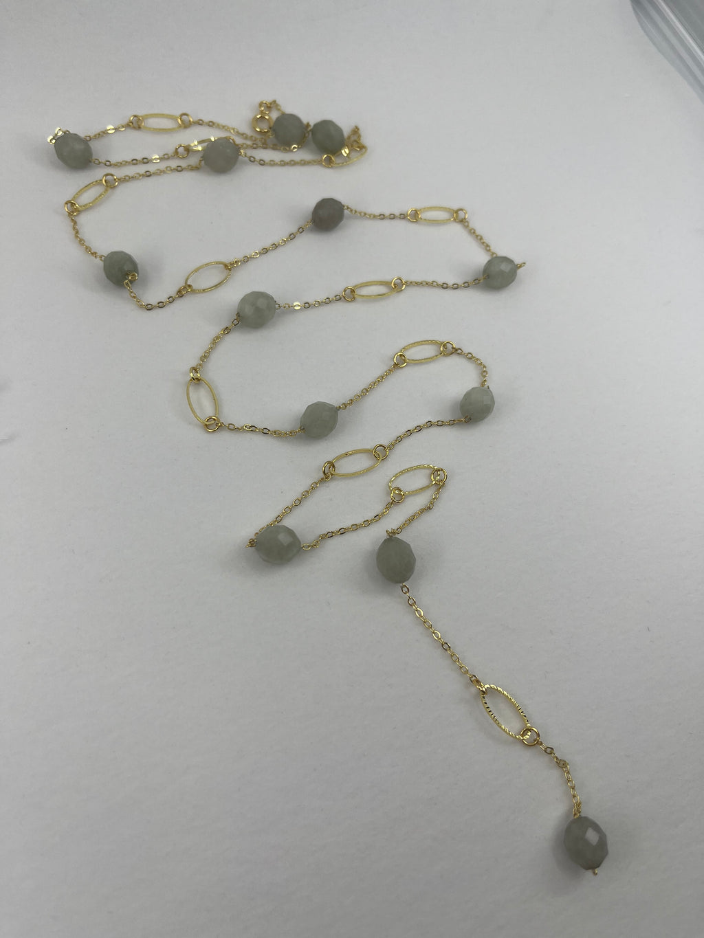 Layered Long Natural Malaysia Jade Necklace with 18K Gold chain