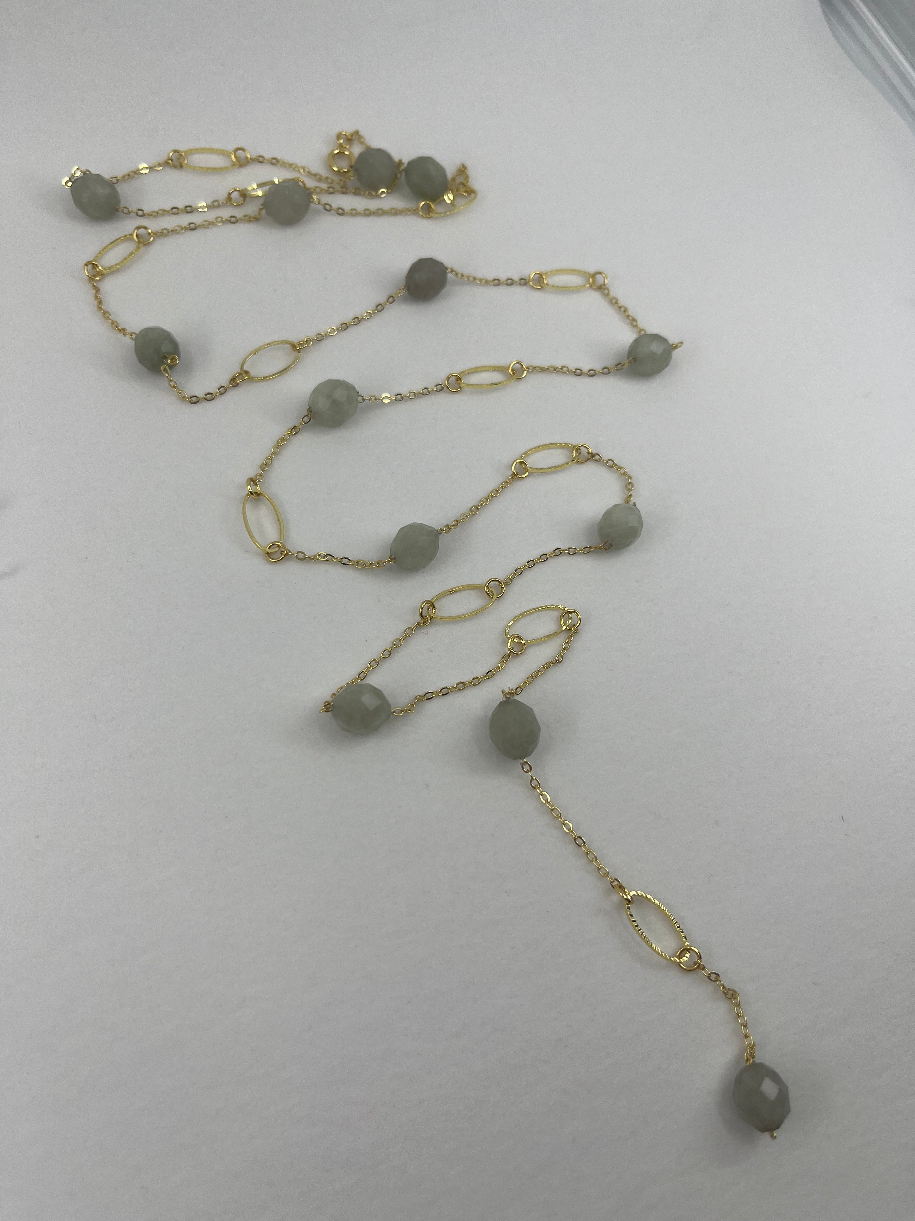 Layered Long Natural Malaysia Jade Necklace with 18K Gold chain
