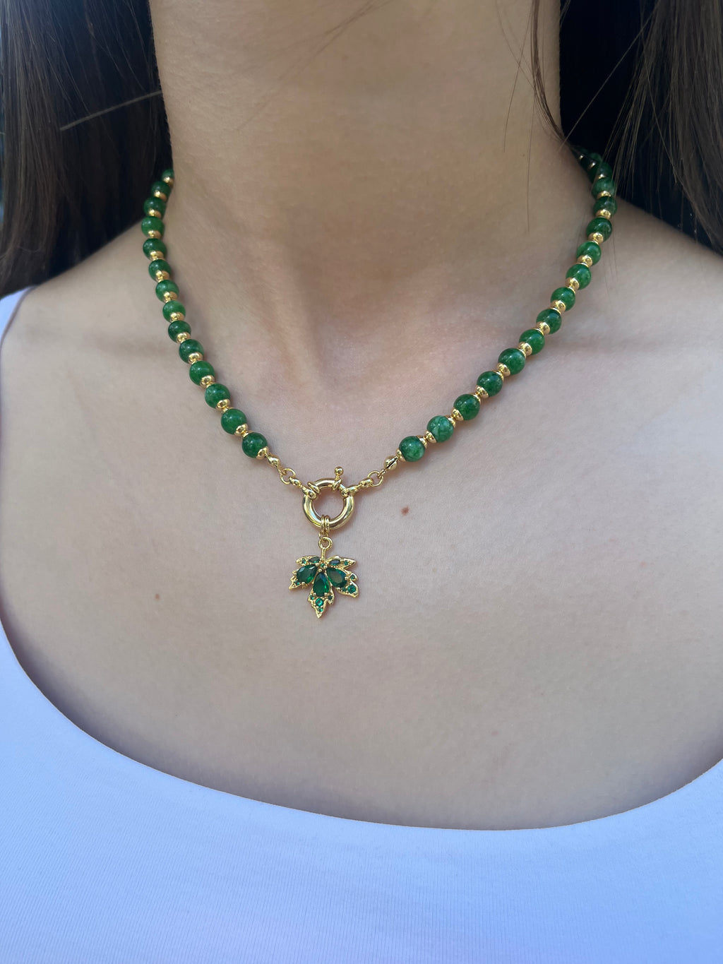 Natural Malaysia Jade Necklace with 18K Gold maple leaf pendant